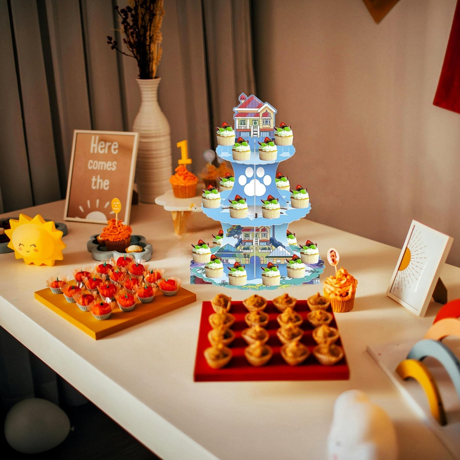 kids birthday party dessert table cupcake stand