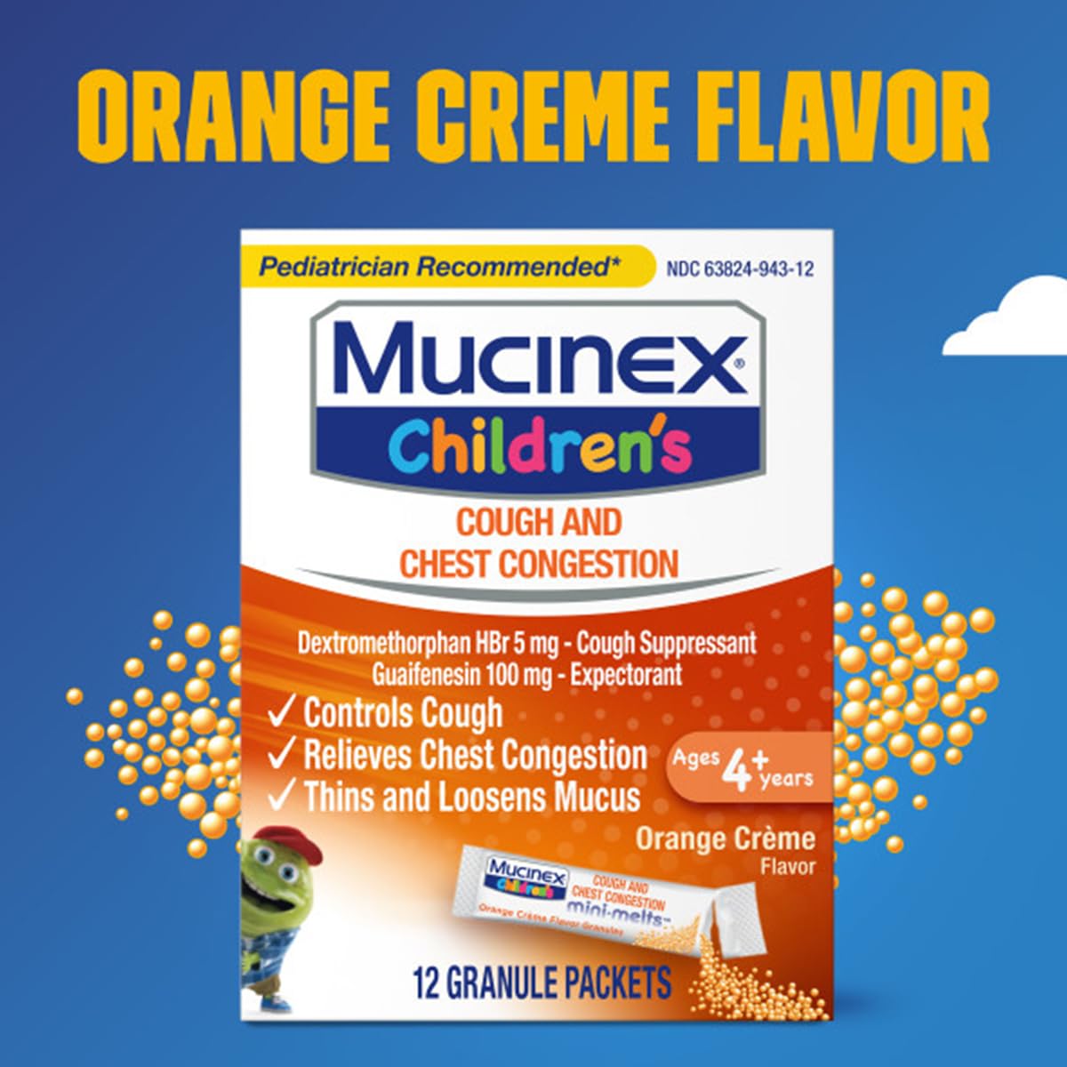 Kids cough medicine packaging with Mucinex branding