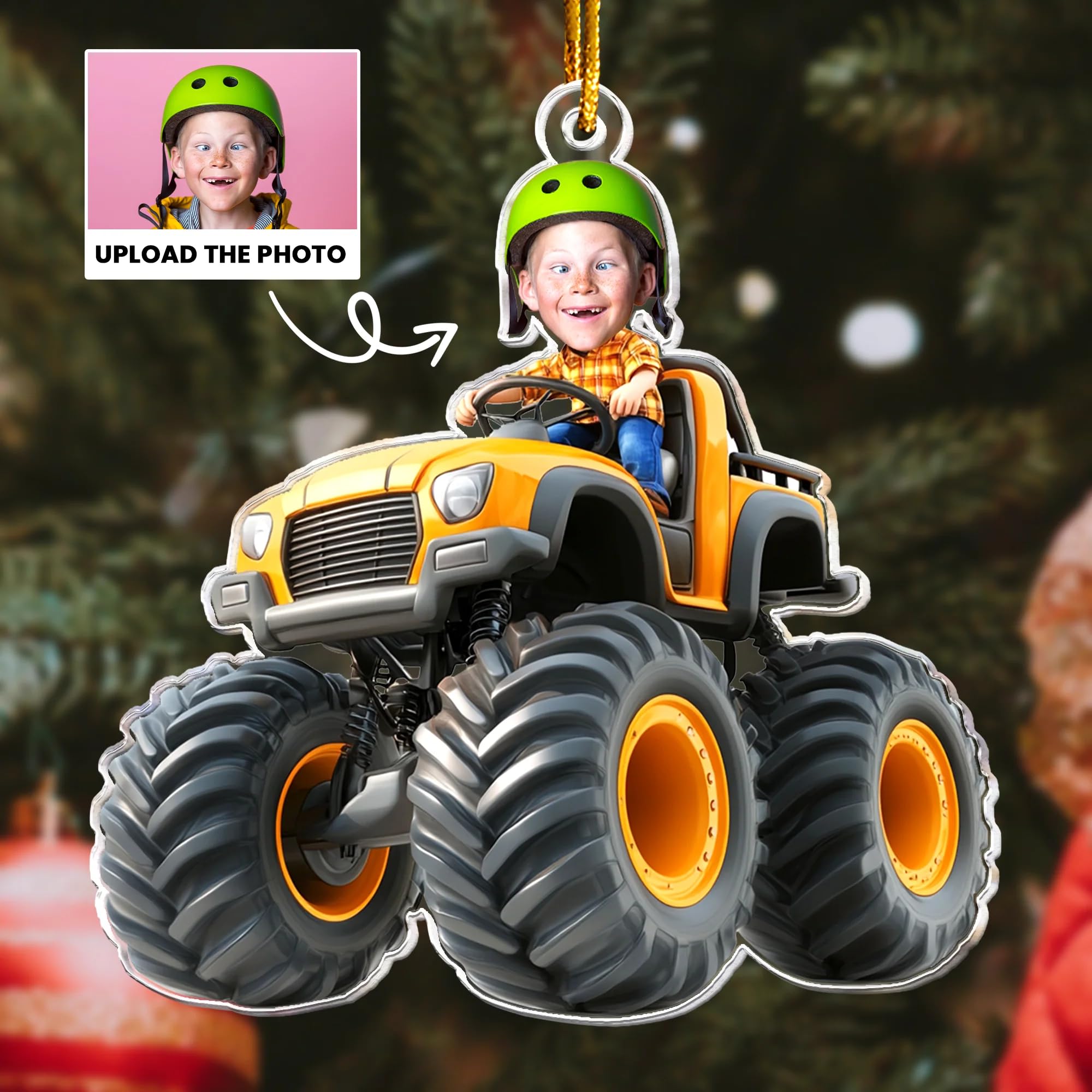 kids custom face ornament with red monster truck