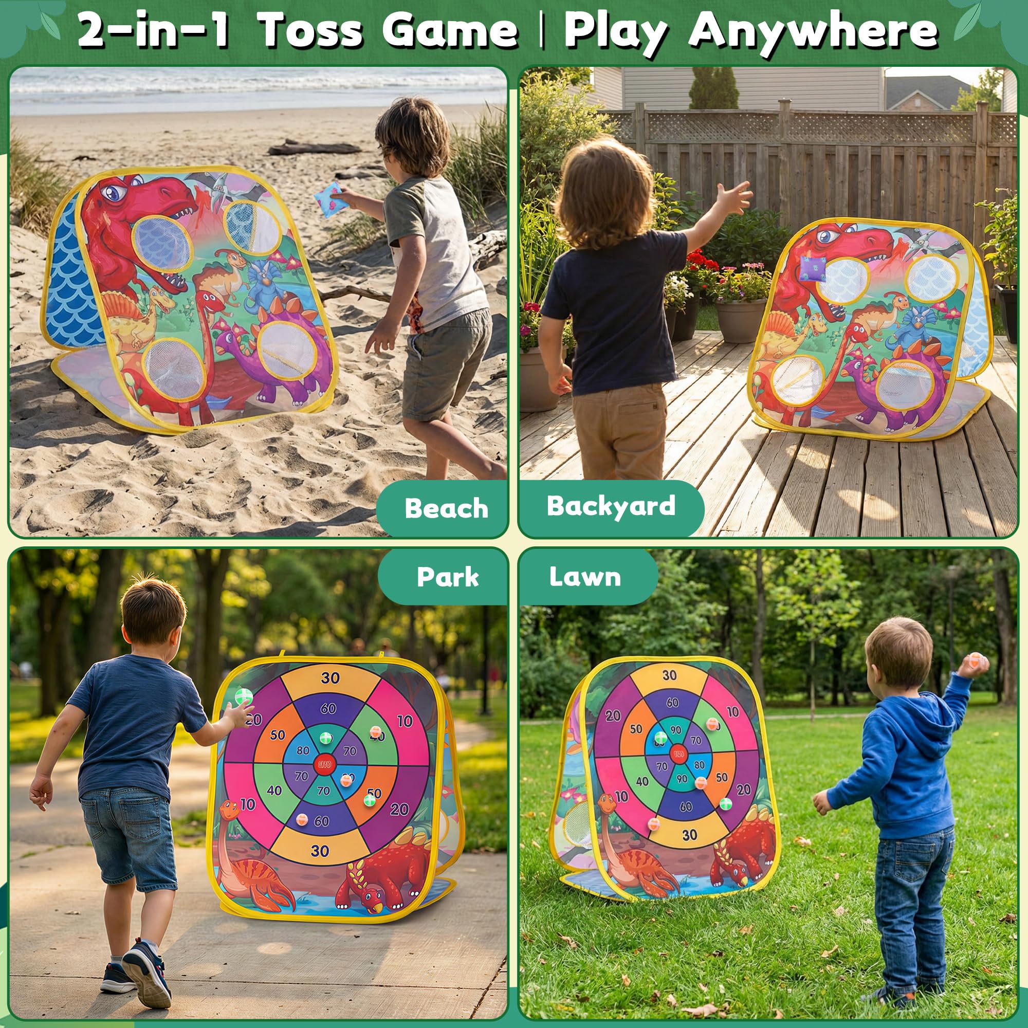 Kids playing dinosaur bean bag toss outside