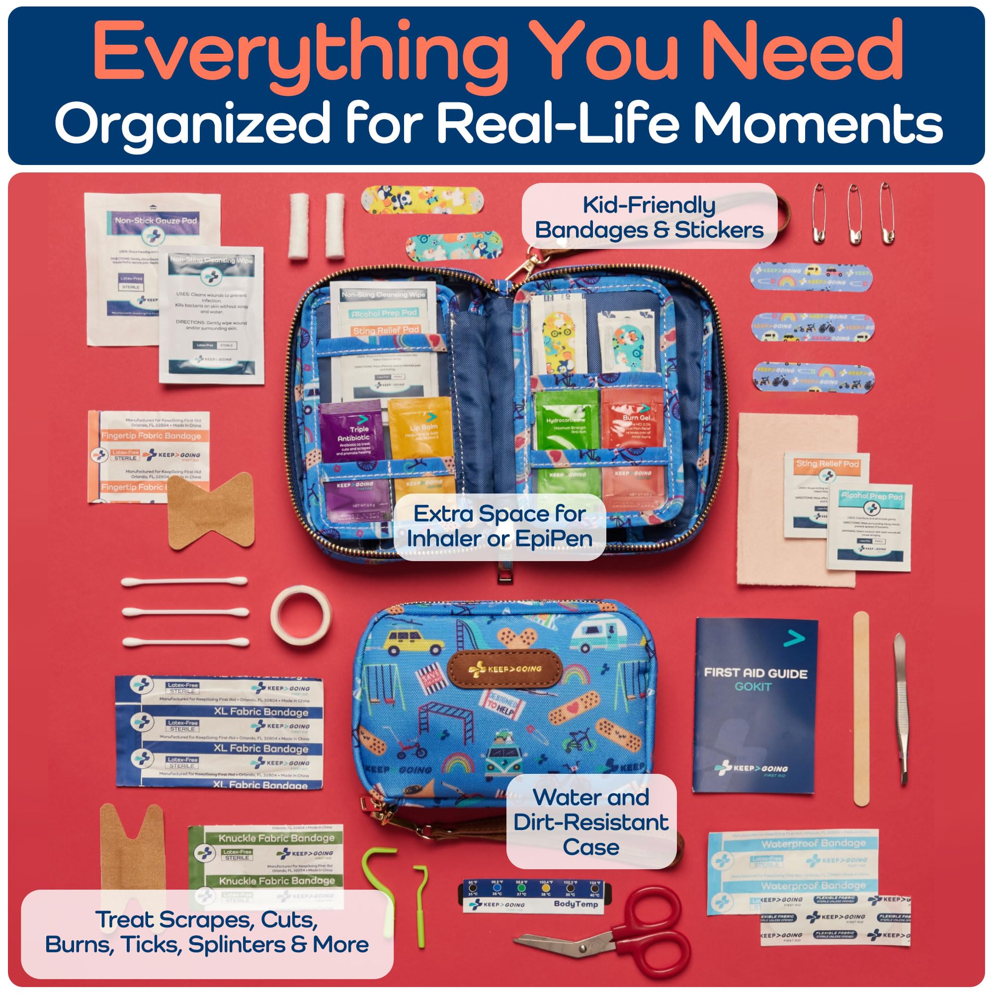 Kids first aid supplies including burn relief and bandages
