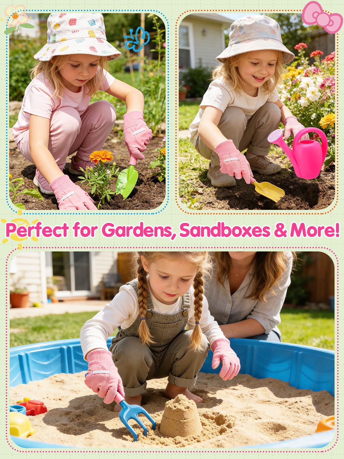 Outdoor play with Biubee pink gardening tools set for girls