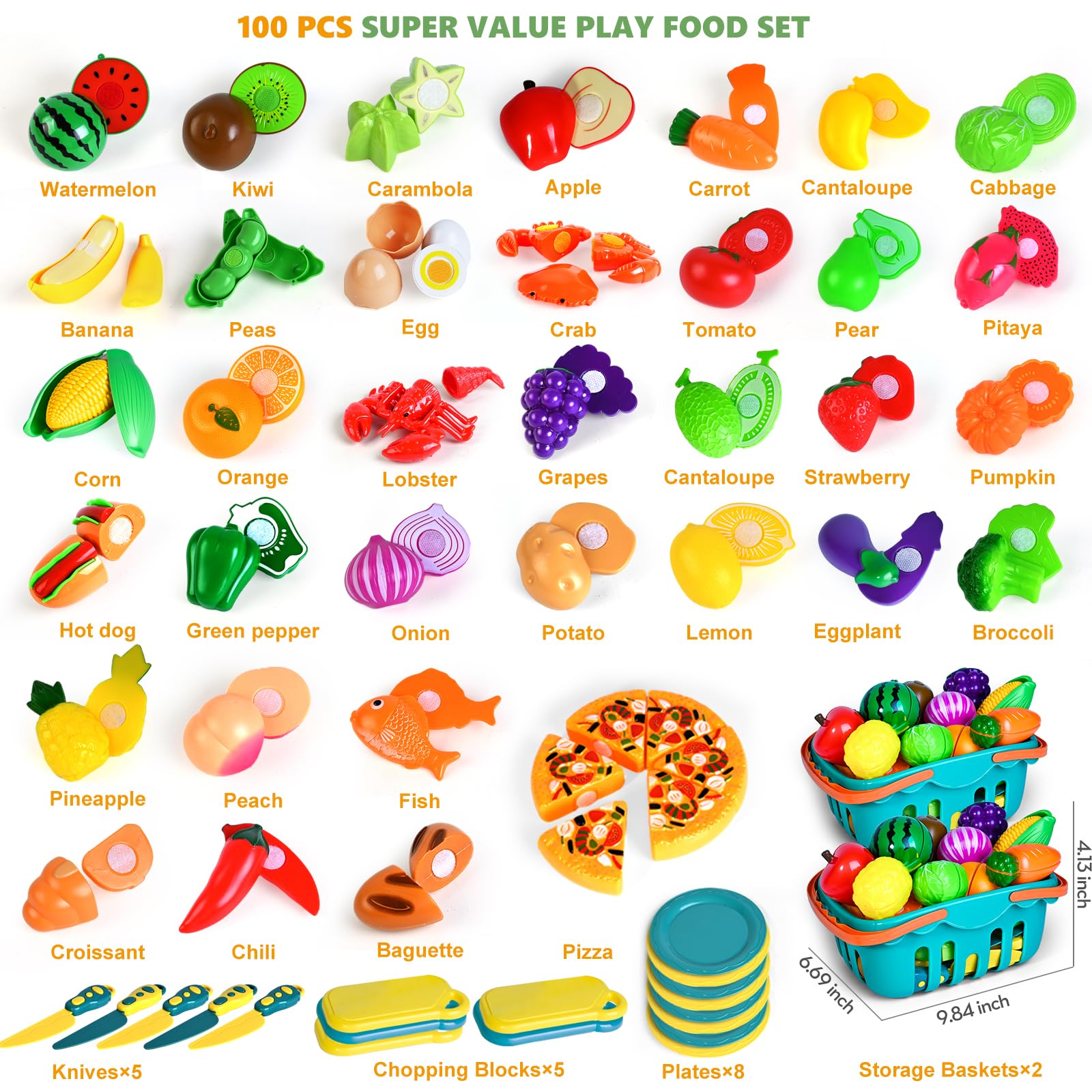 Two baskets storage included with play food set