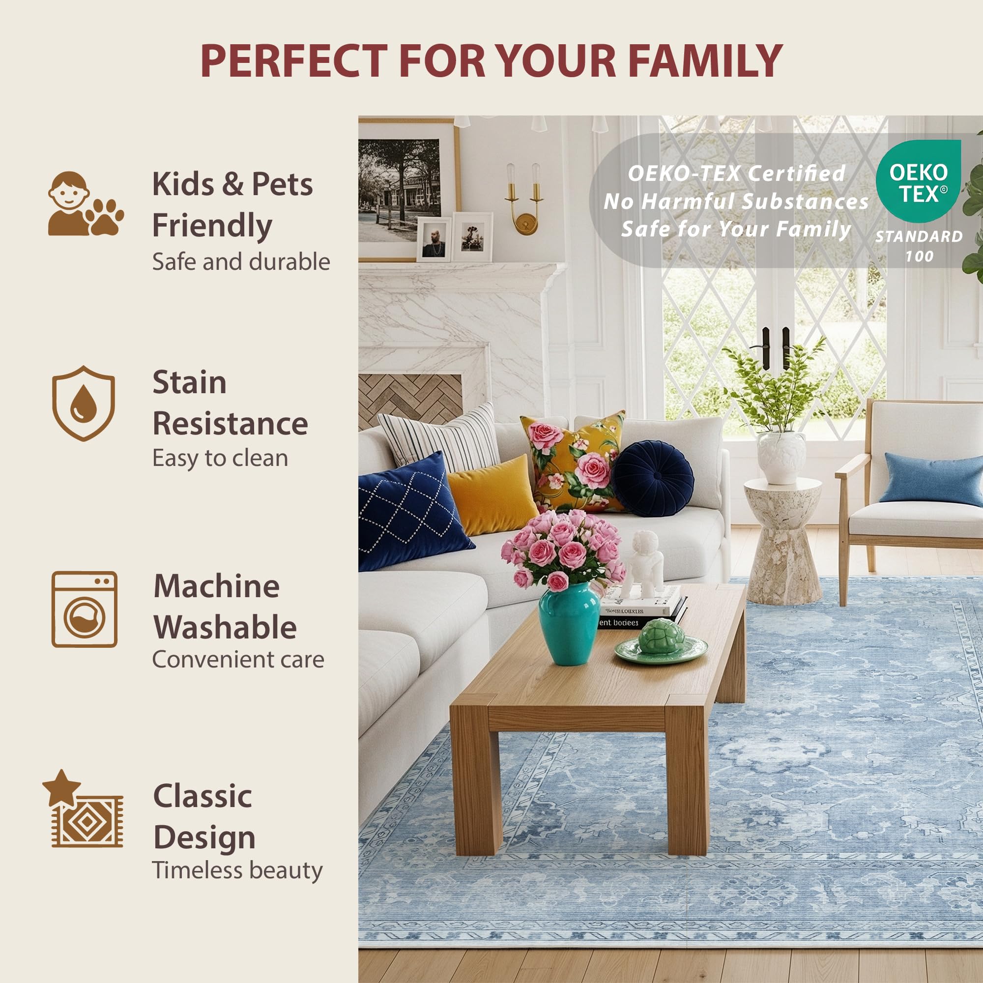 Kids and pets friendly blue rug 5x7 image