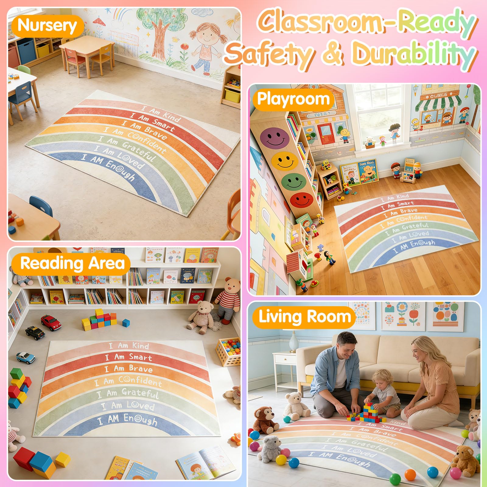 Versatile rainbow classroom rug for home and school decor