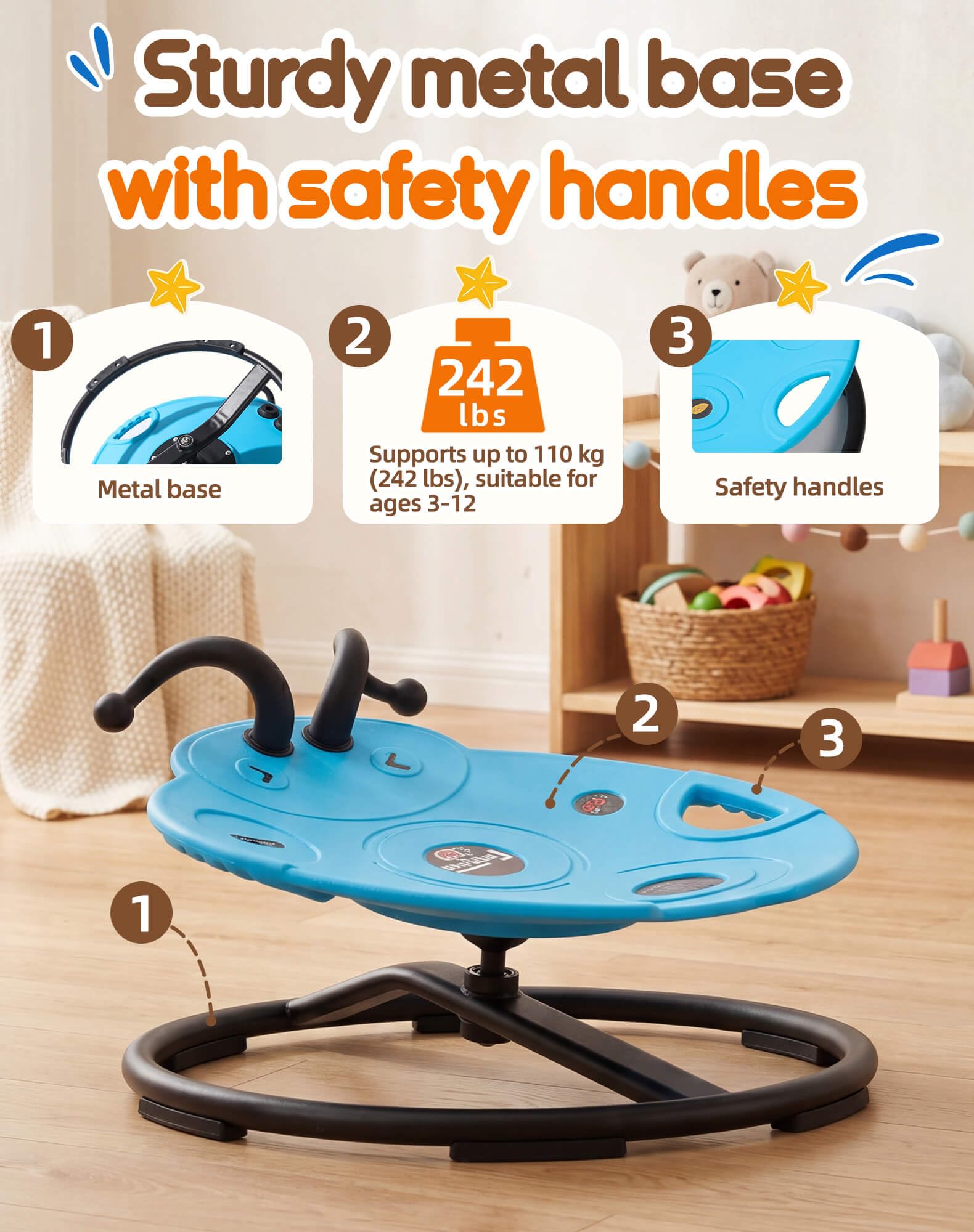 Spinning chair for kids shows 242 lbs capacity and stability