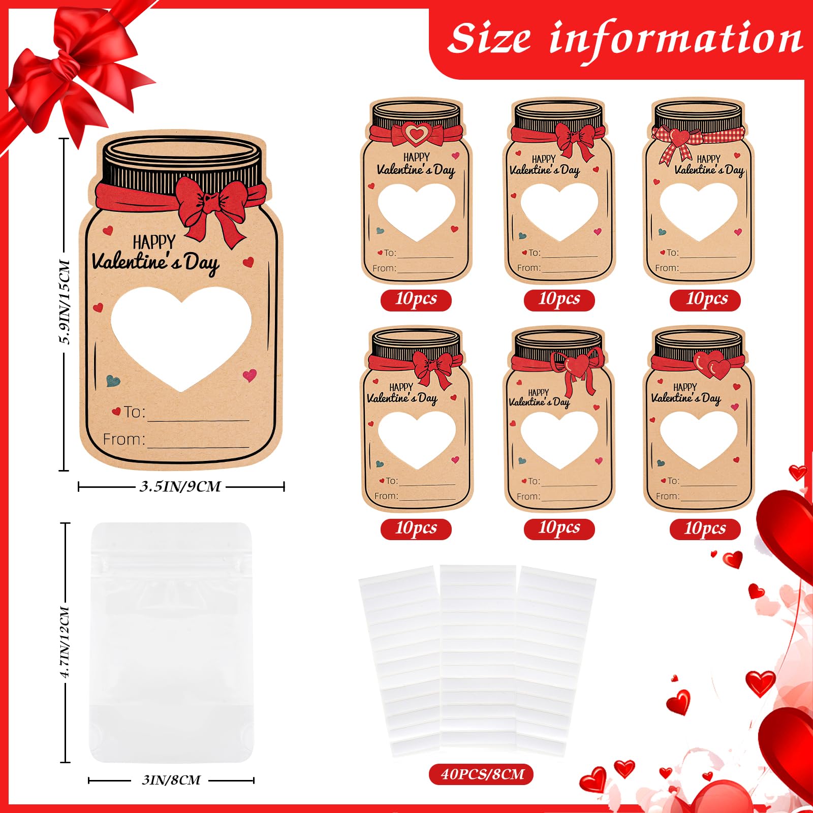 60 transparent sealed bags and adhesive strips included