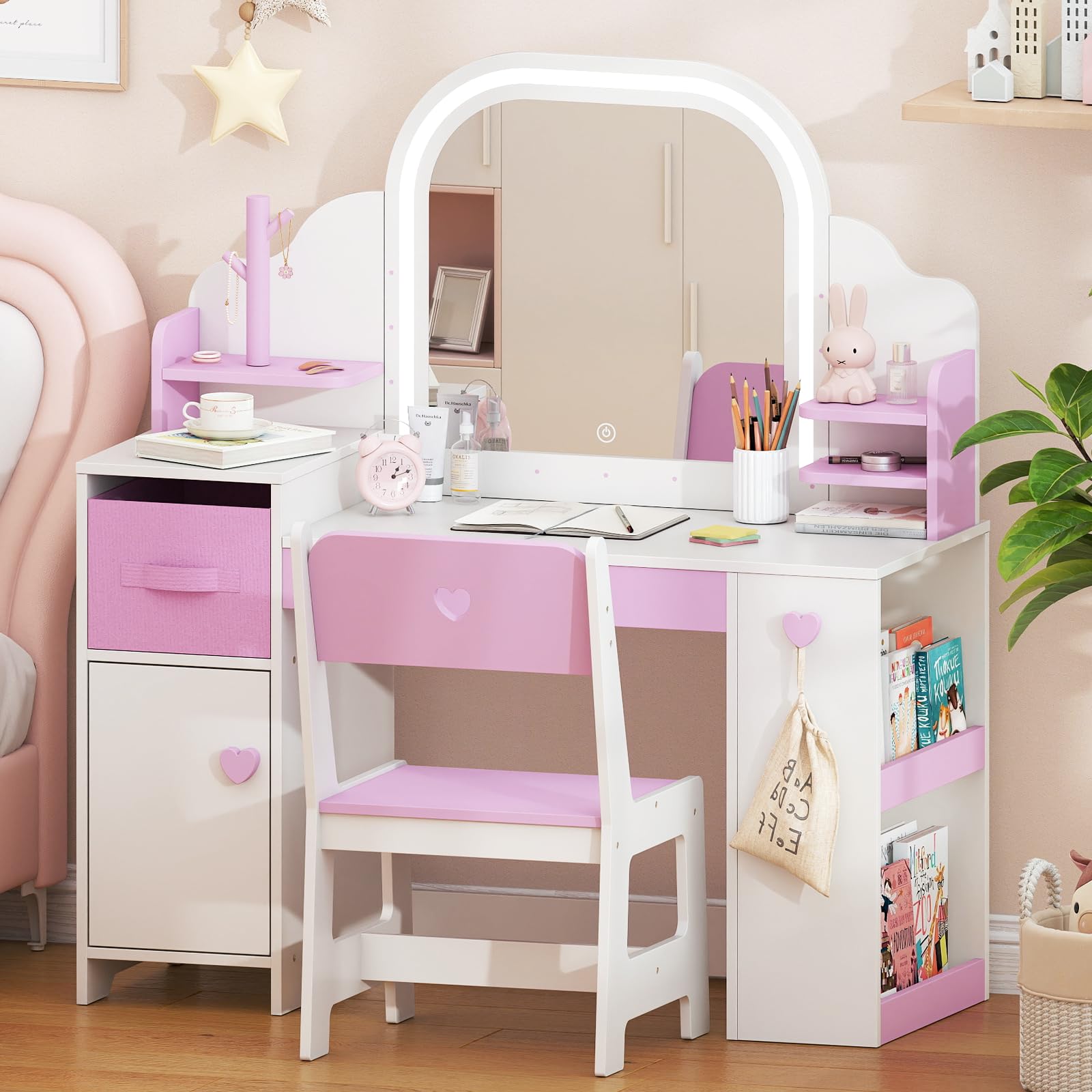 Kids Vanity with Lights and Chair mirror and storage