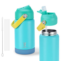 Kids water bottle 12 oz stainless steel with straw lid and blue handle