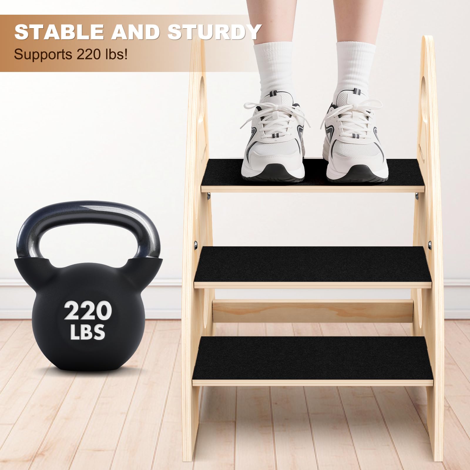 3-step wooden stool for toddlers with handles