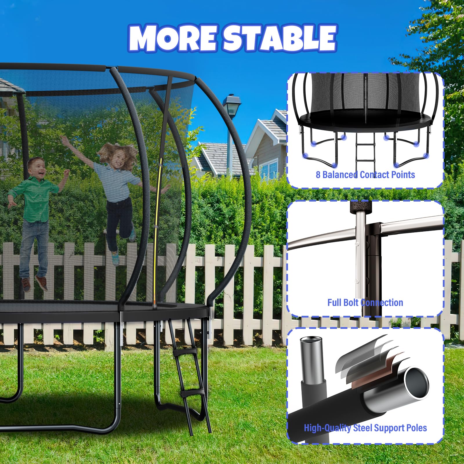 Assembled Kiivakii trampoline 12ft dimensions 144 by 144 by 103 inches