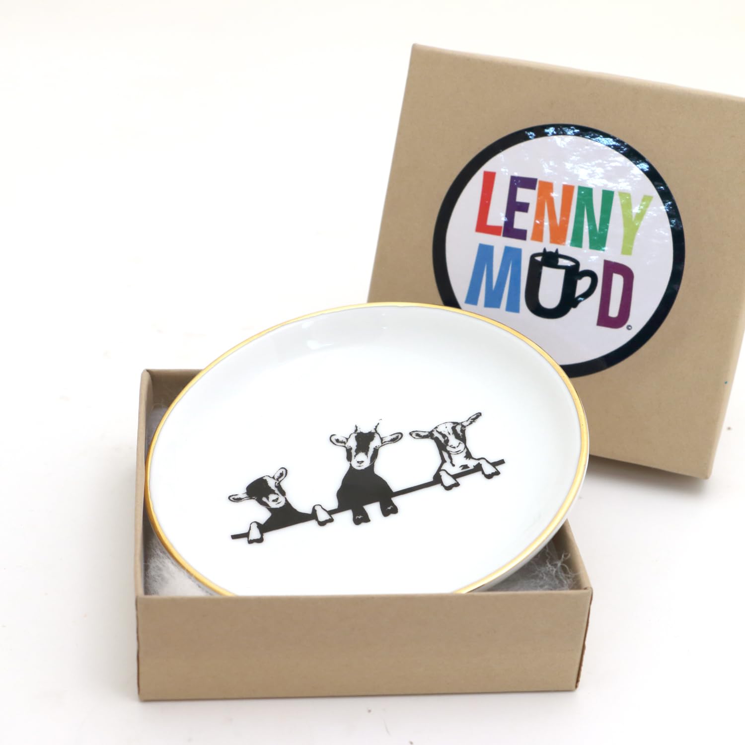 Kiln fired porcelain ring dish with goat theme and gold accents