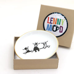 Kiln fired porcelain ring dish with goat theme and gold accents