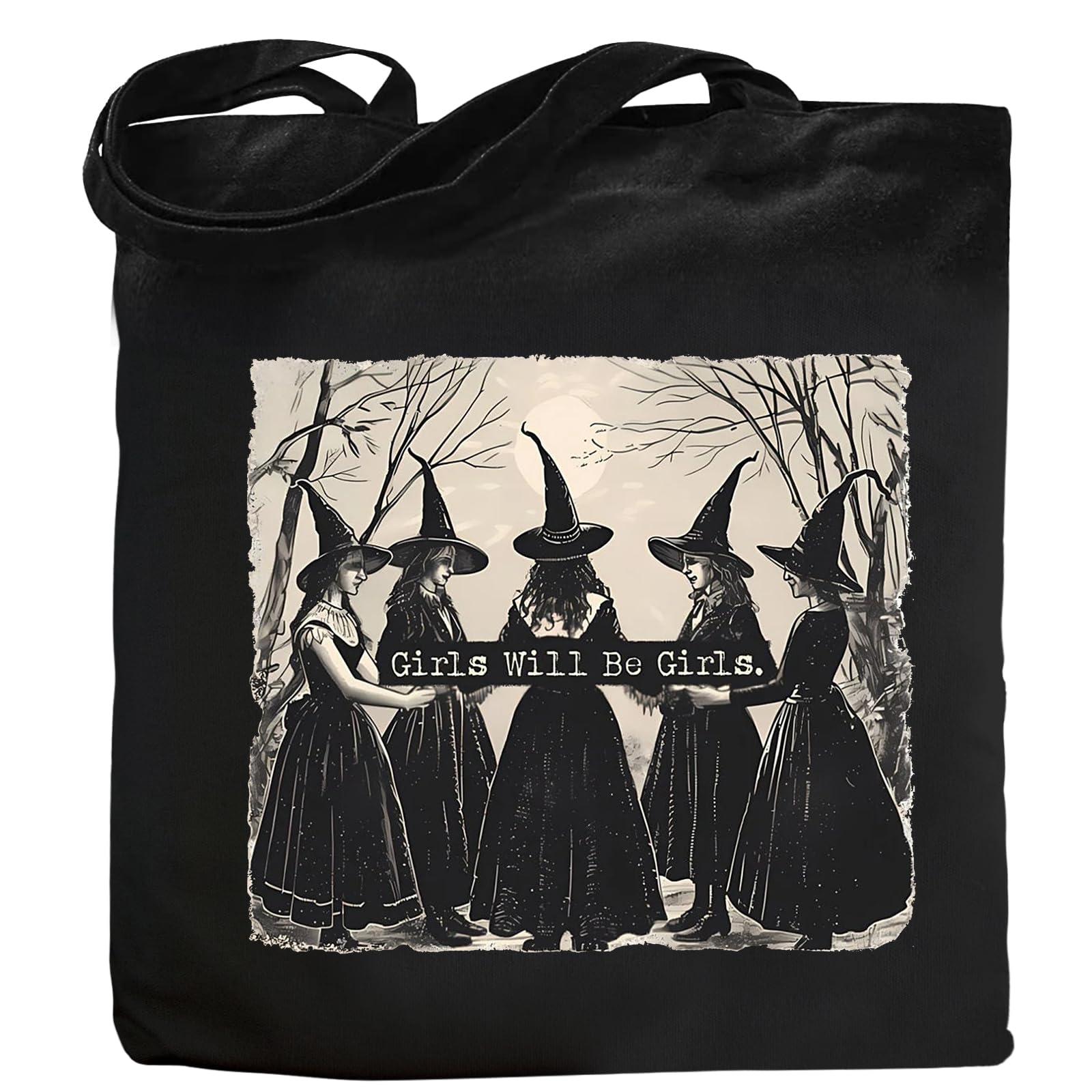 Kimoli Witchy Canvas Tote Bag for Women black front view