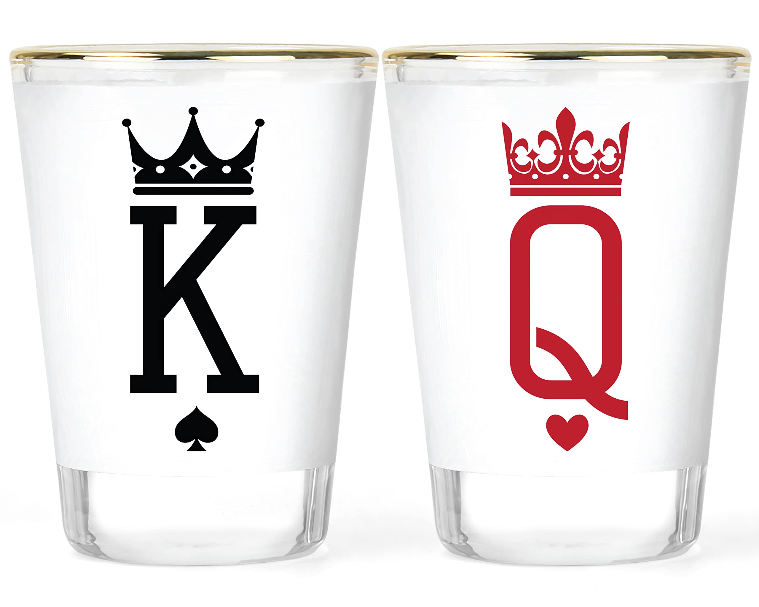 King and Queen Shot Glass Set gold-rimmed glasses with crown designs