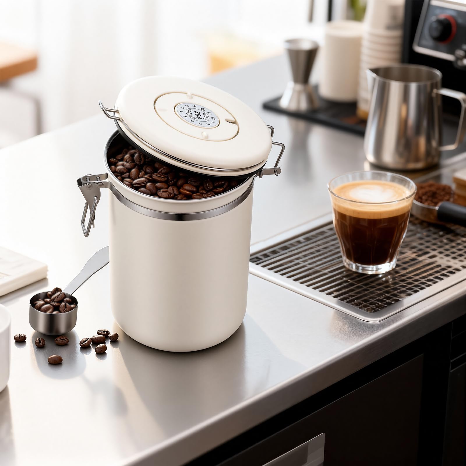Stainless steel coffee canister with one-way venting valve on lid