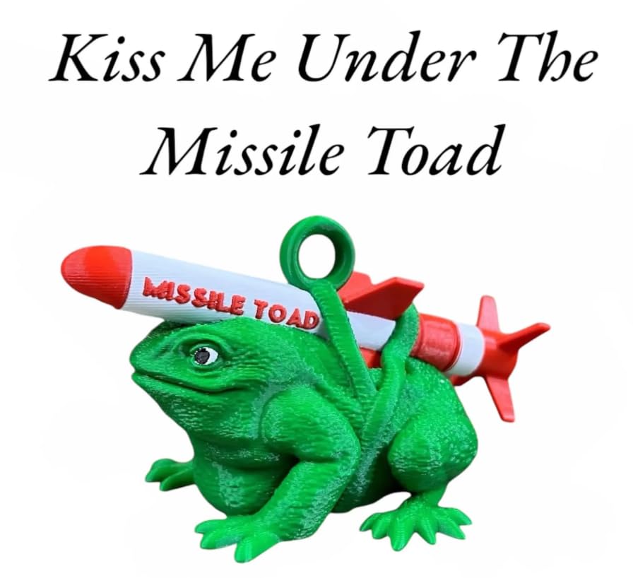 Kiss Me Under the Missile Toad ornament with green toad and red missile