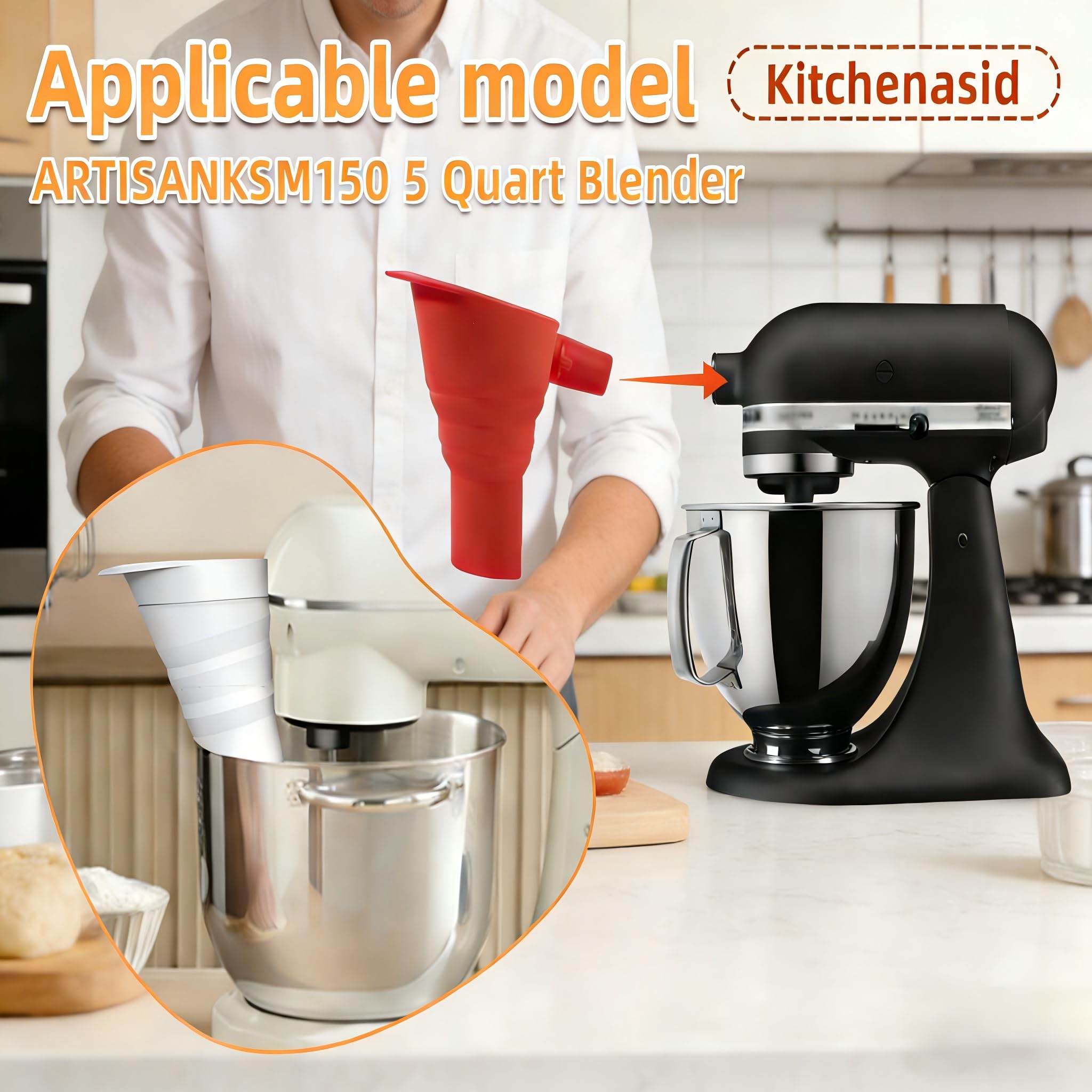 Silicone funnel for dry and wet ingredients with Kitchen Aid mixer