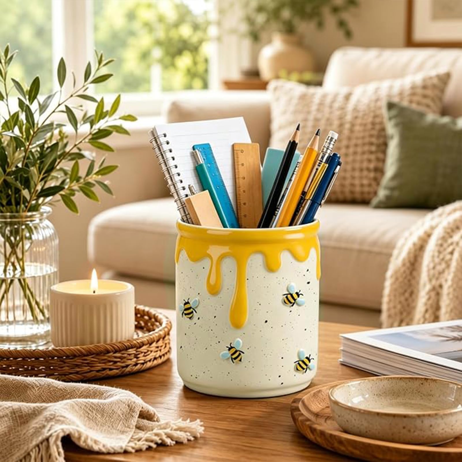 Utensil holder organizing spoons forks and cooking tools on counter