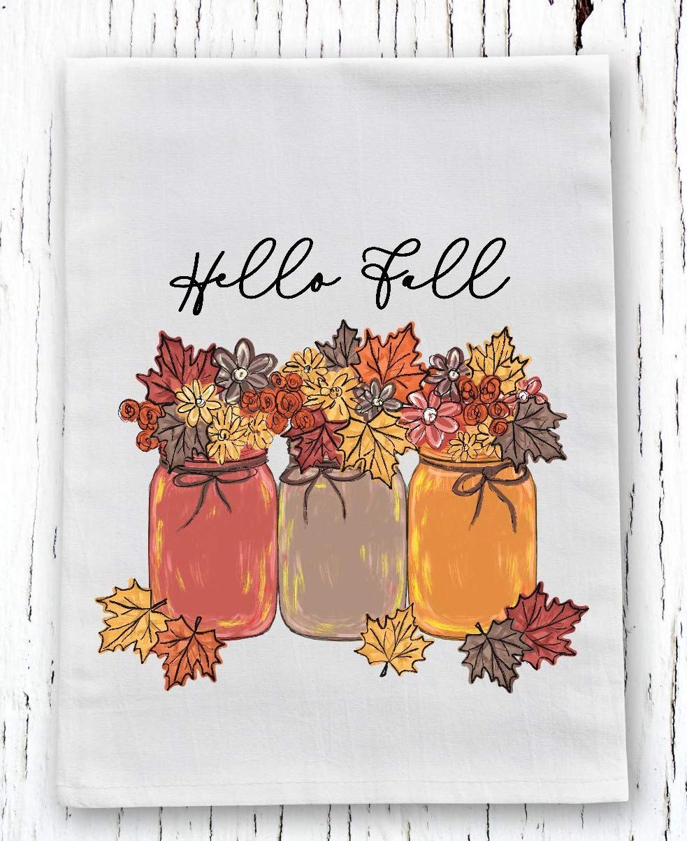 Kitchen Dish Towel 28x28 inch flour sack towel with Hello Fall Mason Jars with Flowers design and hanging loop