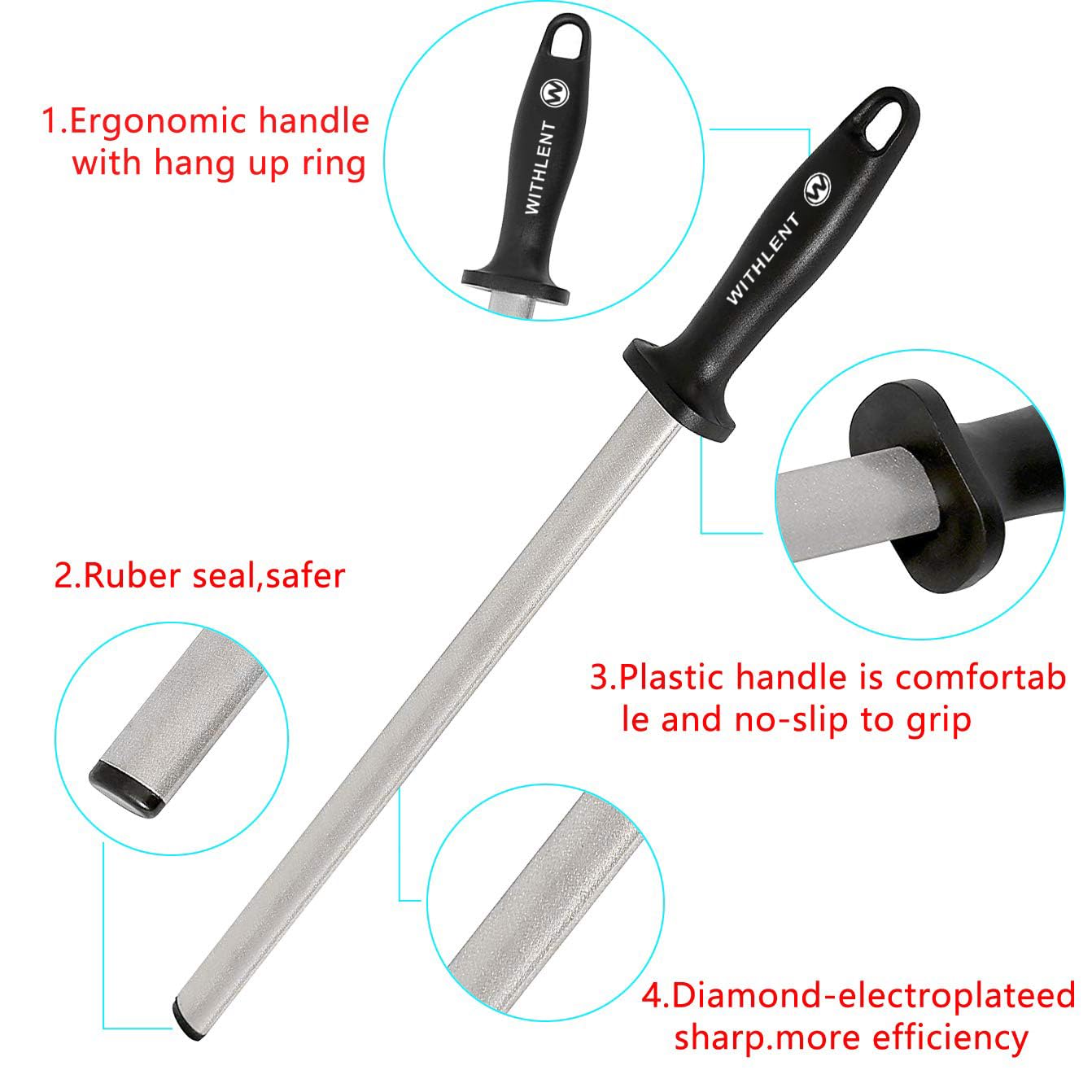 Kitchen knife honing steel with diamond plating