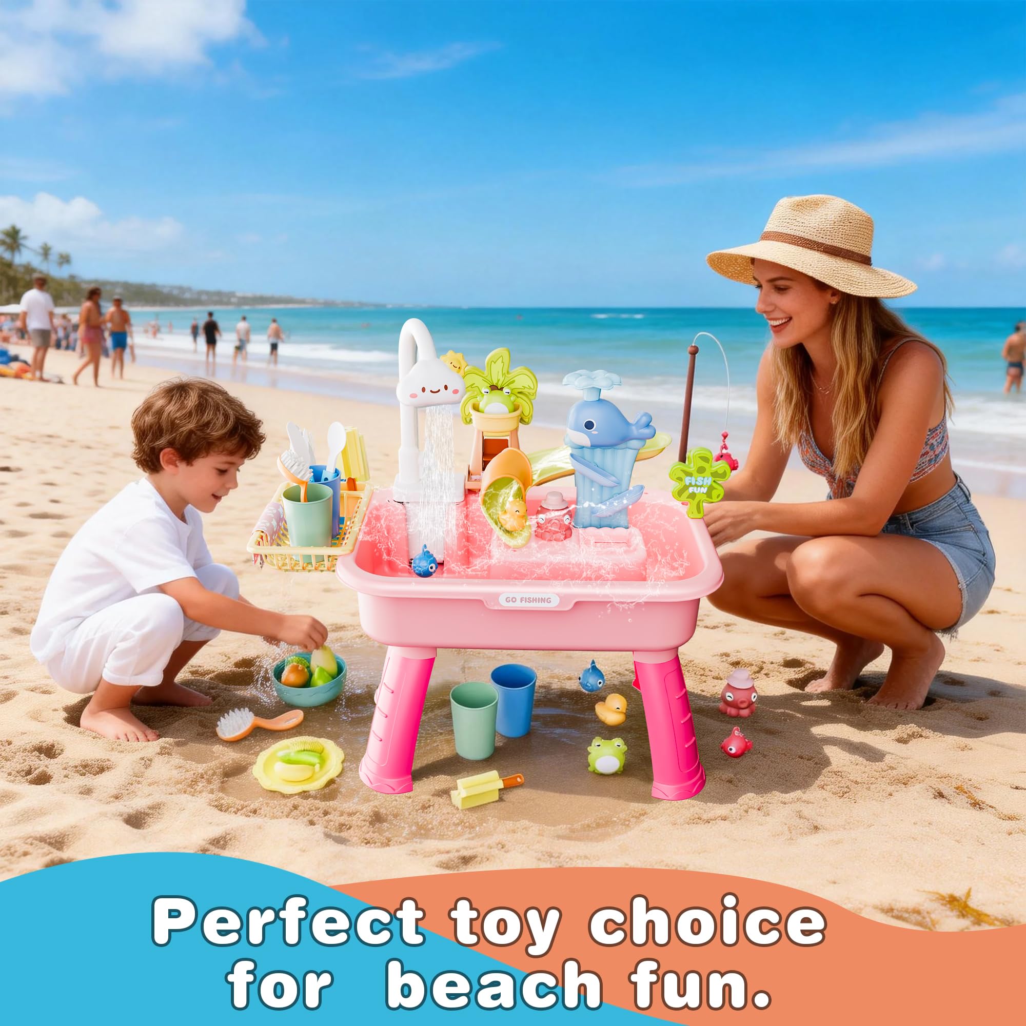 Pink color theme for toddler outdoor sensory table