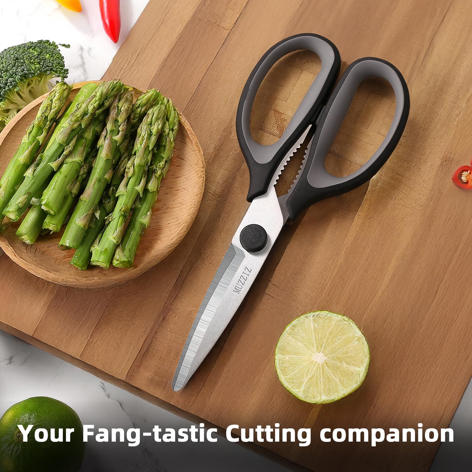 Stainless steel kitchen shears with micro-serrations in packaging