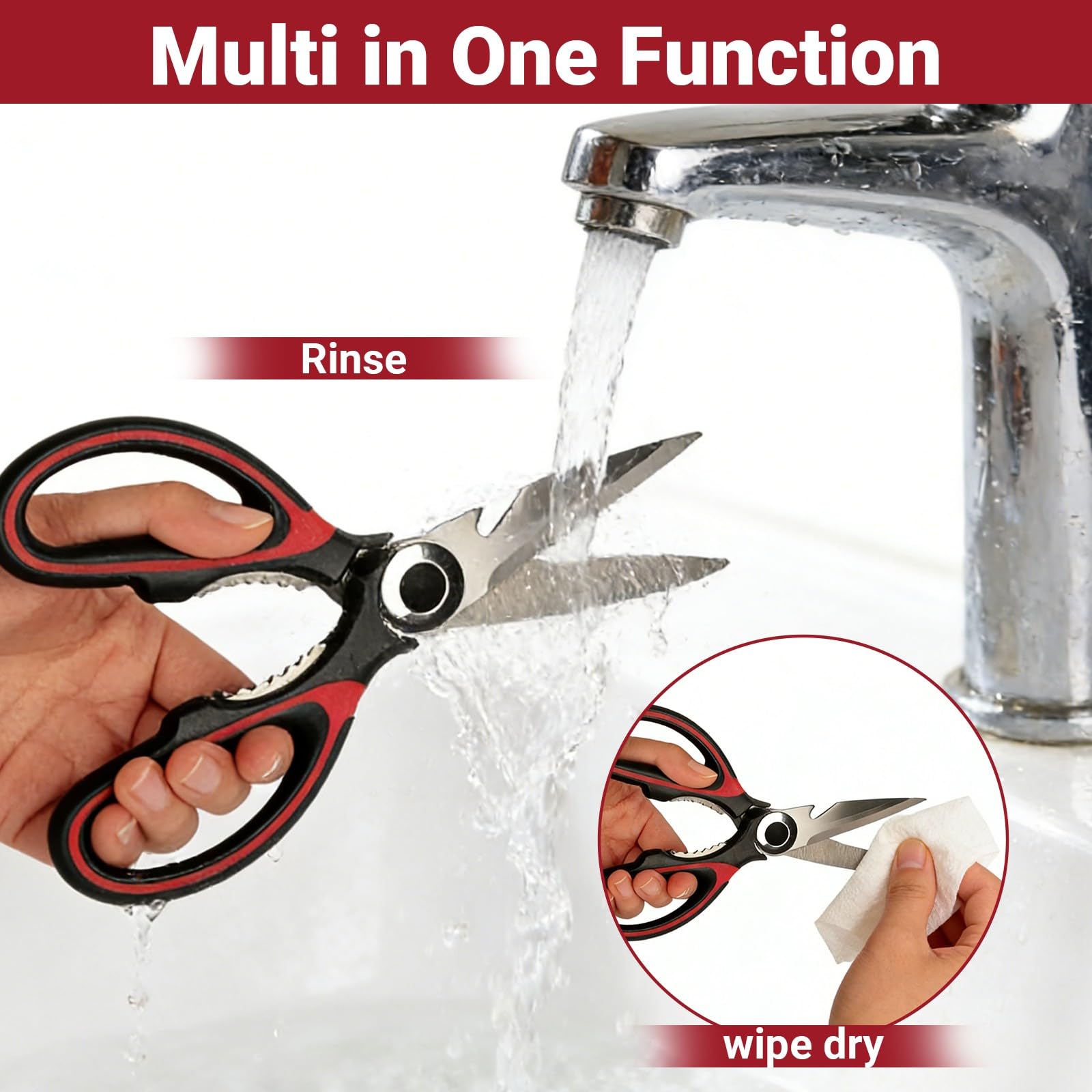 Serrated edge removes fish scales on kitchen shears