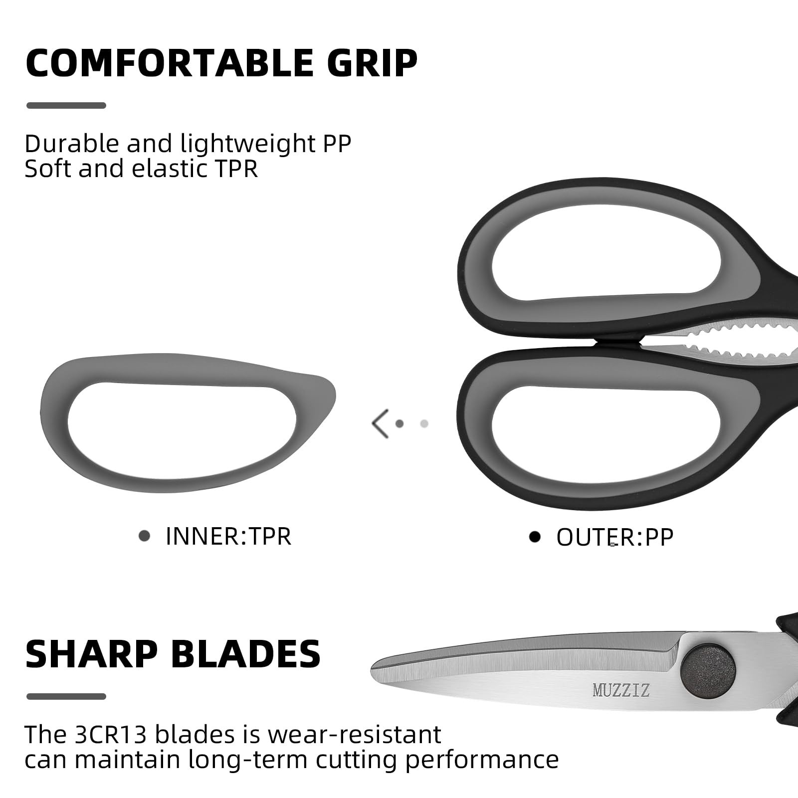Ergonomic ambidextrous soft grip handles on kitchen scissors