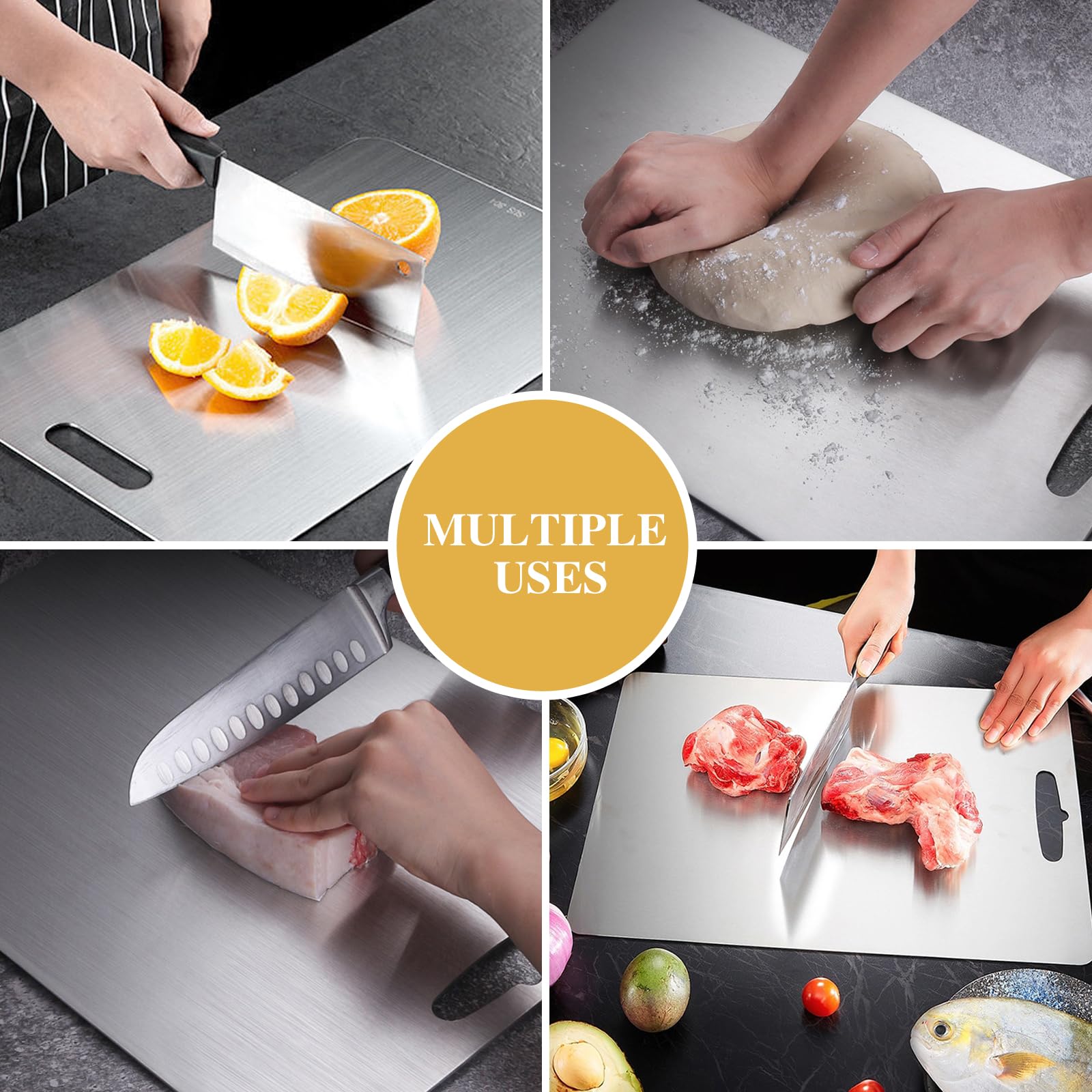 Kitchen organization with titanium cutting board hanging
