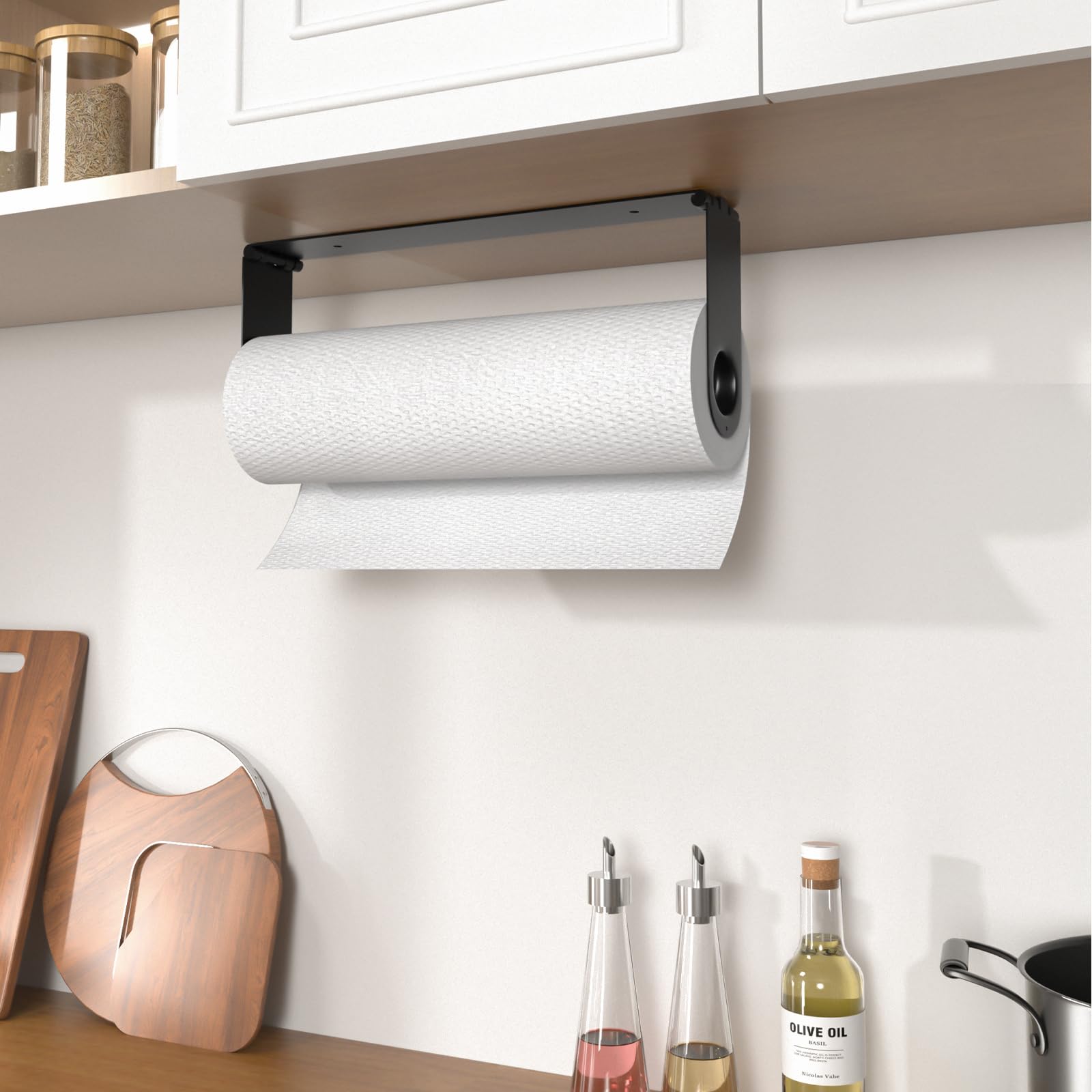 Kitchen organization with under cabinet paper towel rack