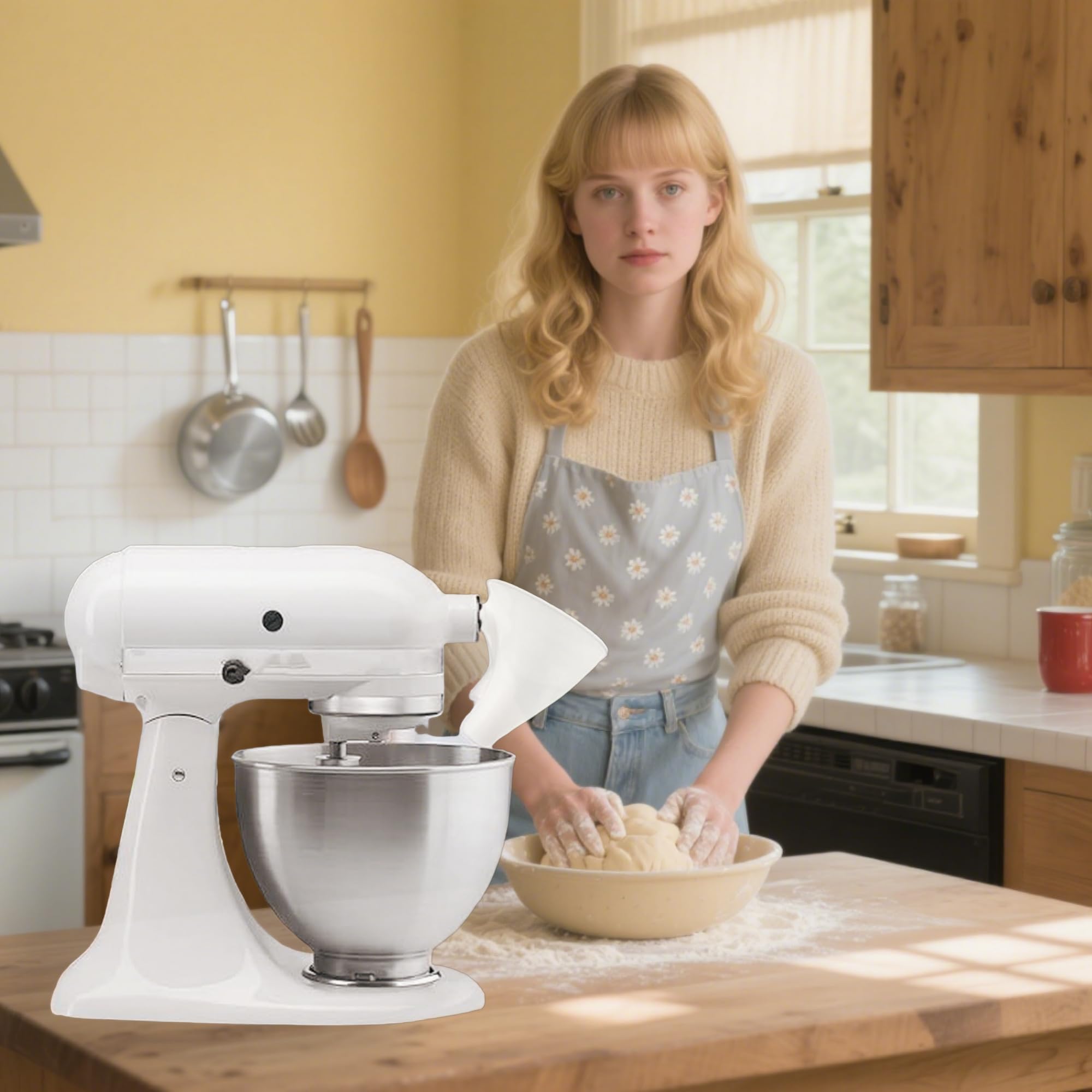 White flour funnel accessory for KitchenAid mixer stand