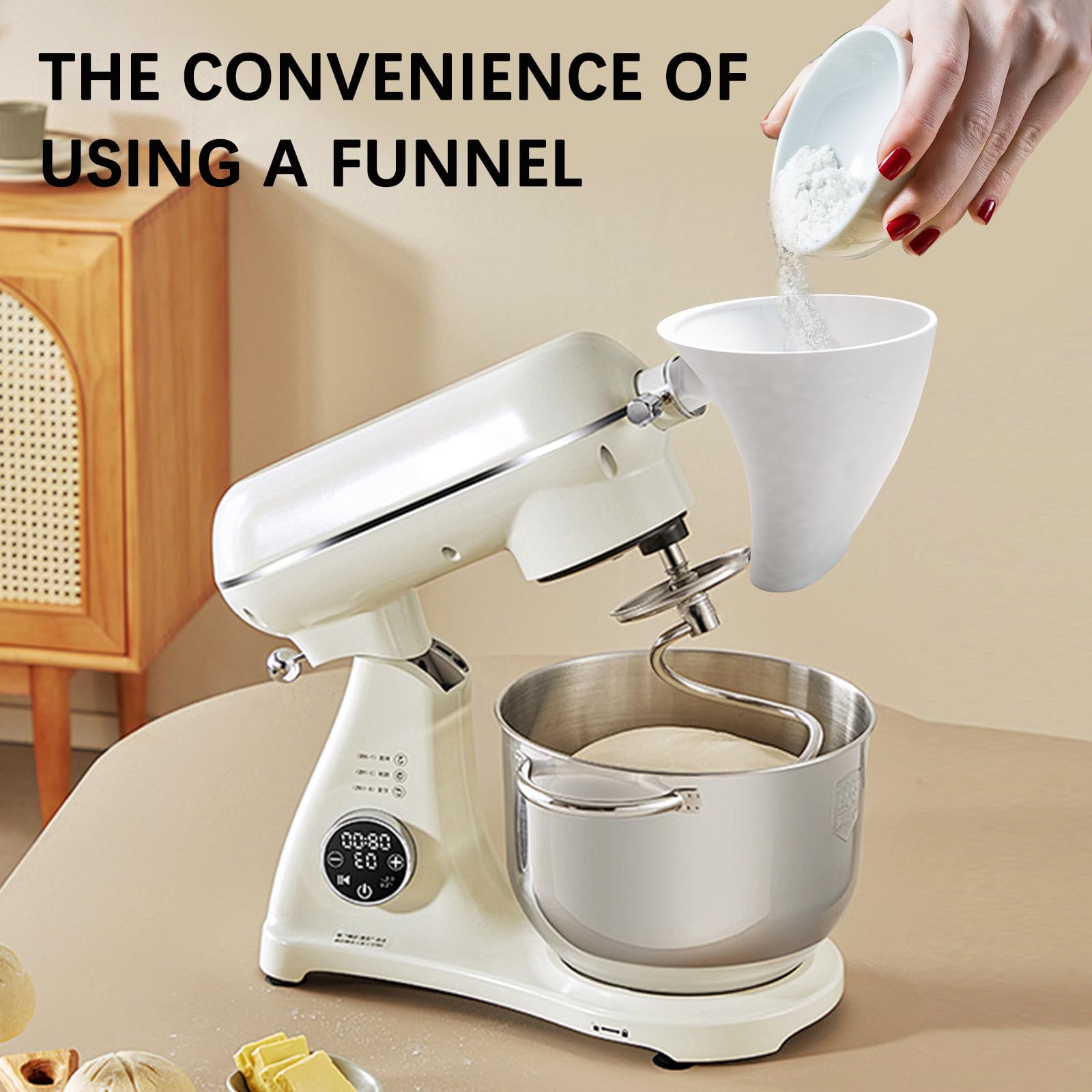 Hands-free pouring flour funnel guiding ingredients into bowl