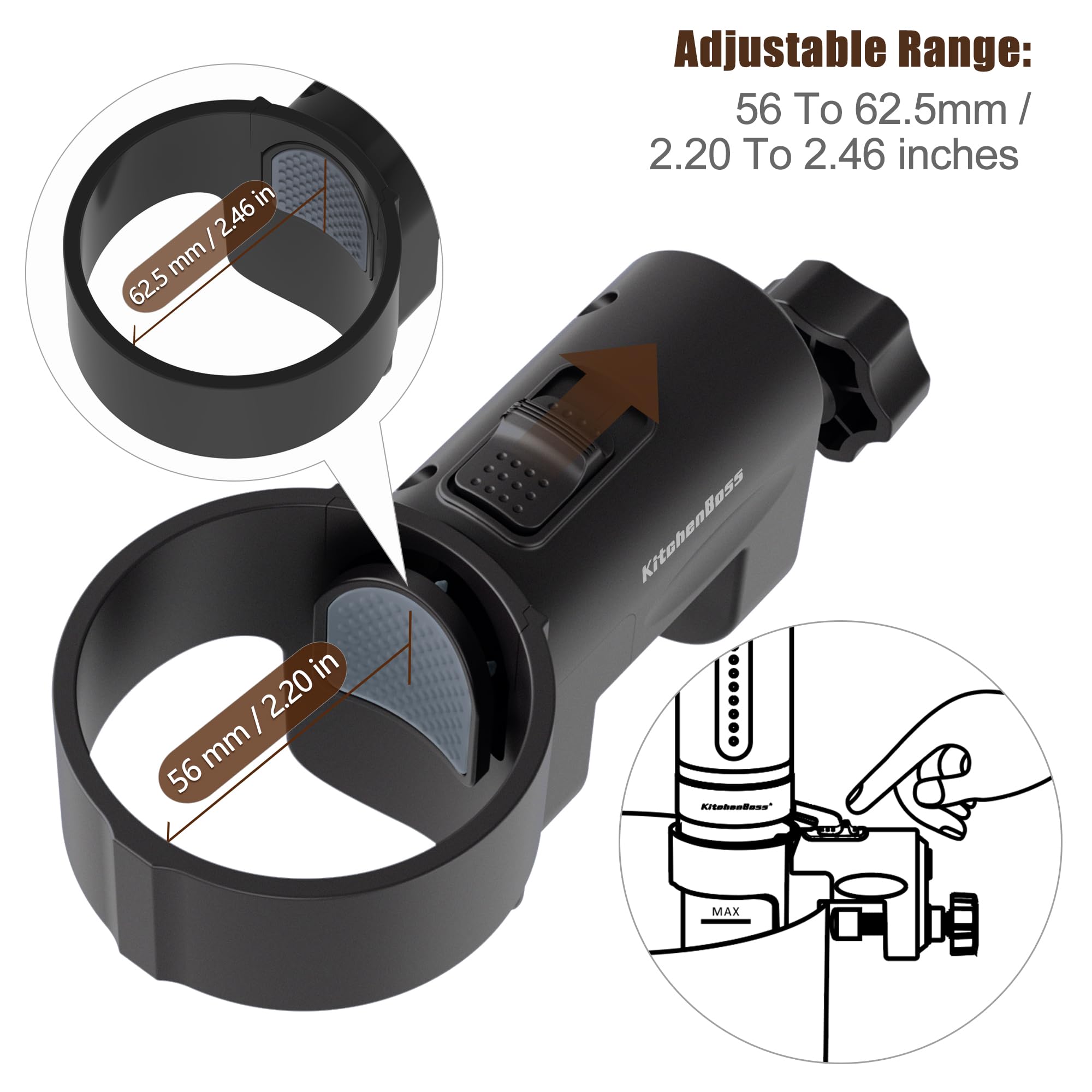 Adjustable clamp fits rim thickness 0-0.86 in and 2.2-2.46 in diameter sous vide cooker