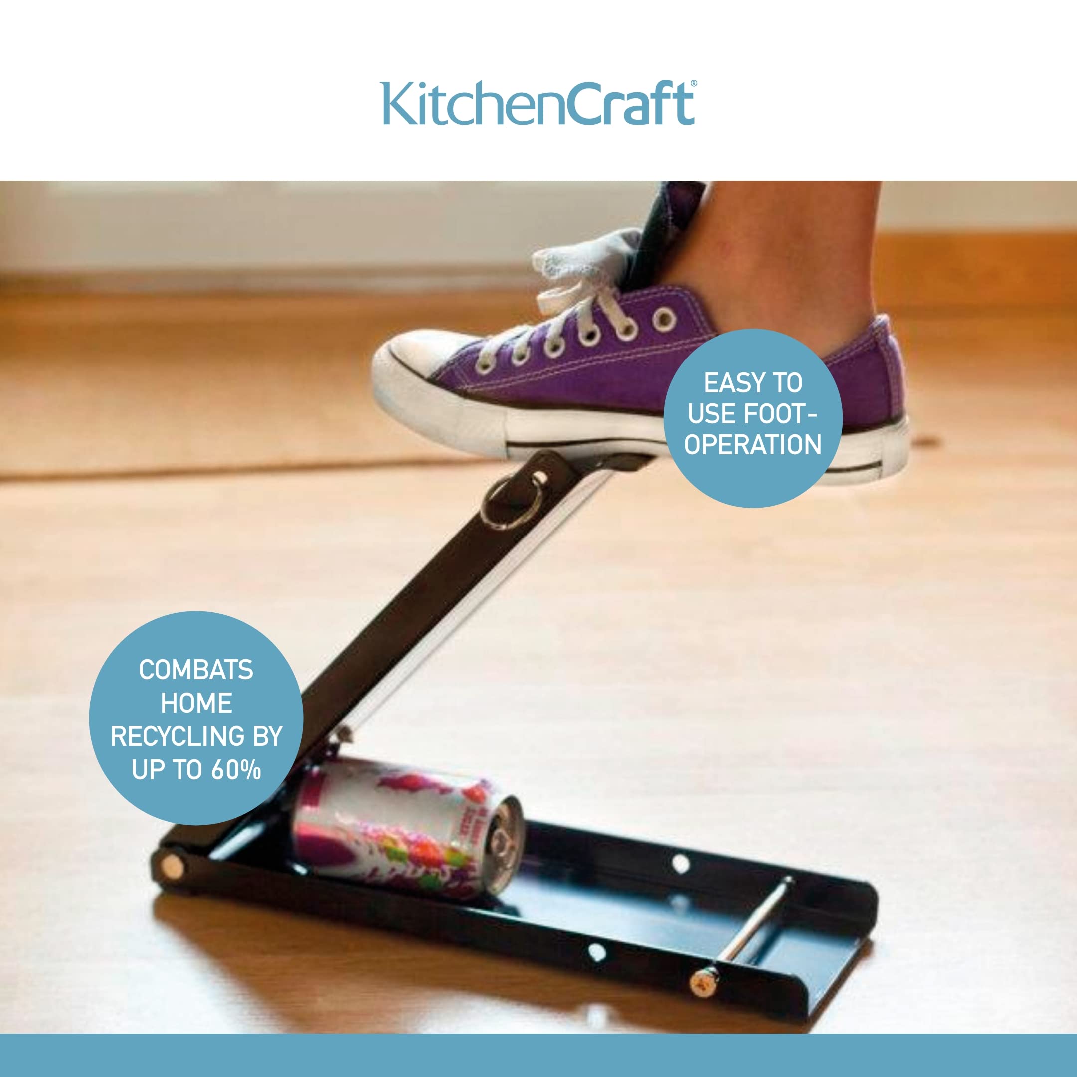 Portable KitchenCraft can crusher shown beside recycling bin