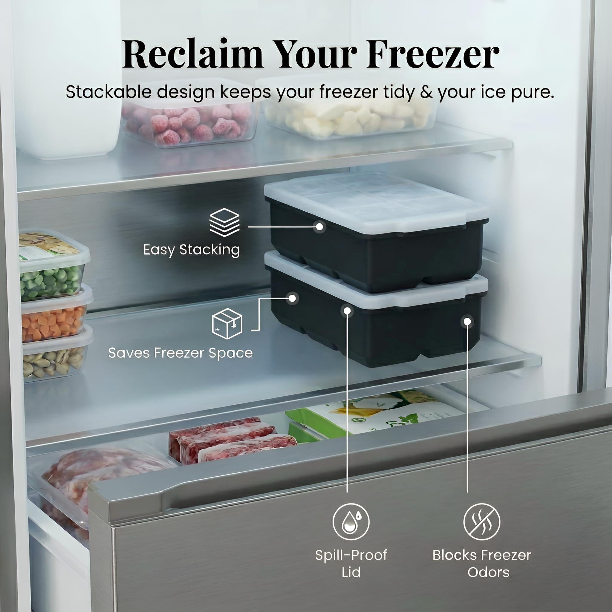 Freezer-safe ice cube tray made of silicone with lid to prevent odors
