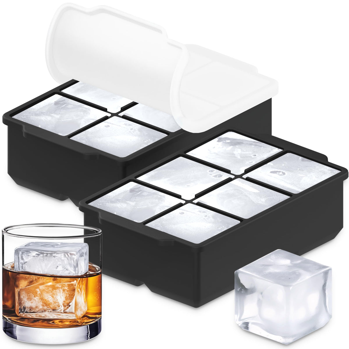 KitchFort large silicone ice cube tray with lid for 2-inch cubes