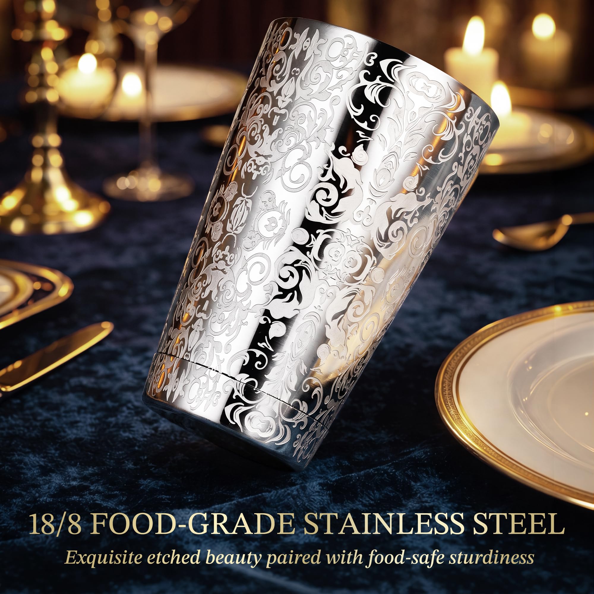 Etched Baroque scroll pattern on Kitessensu shaker set