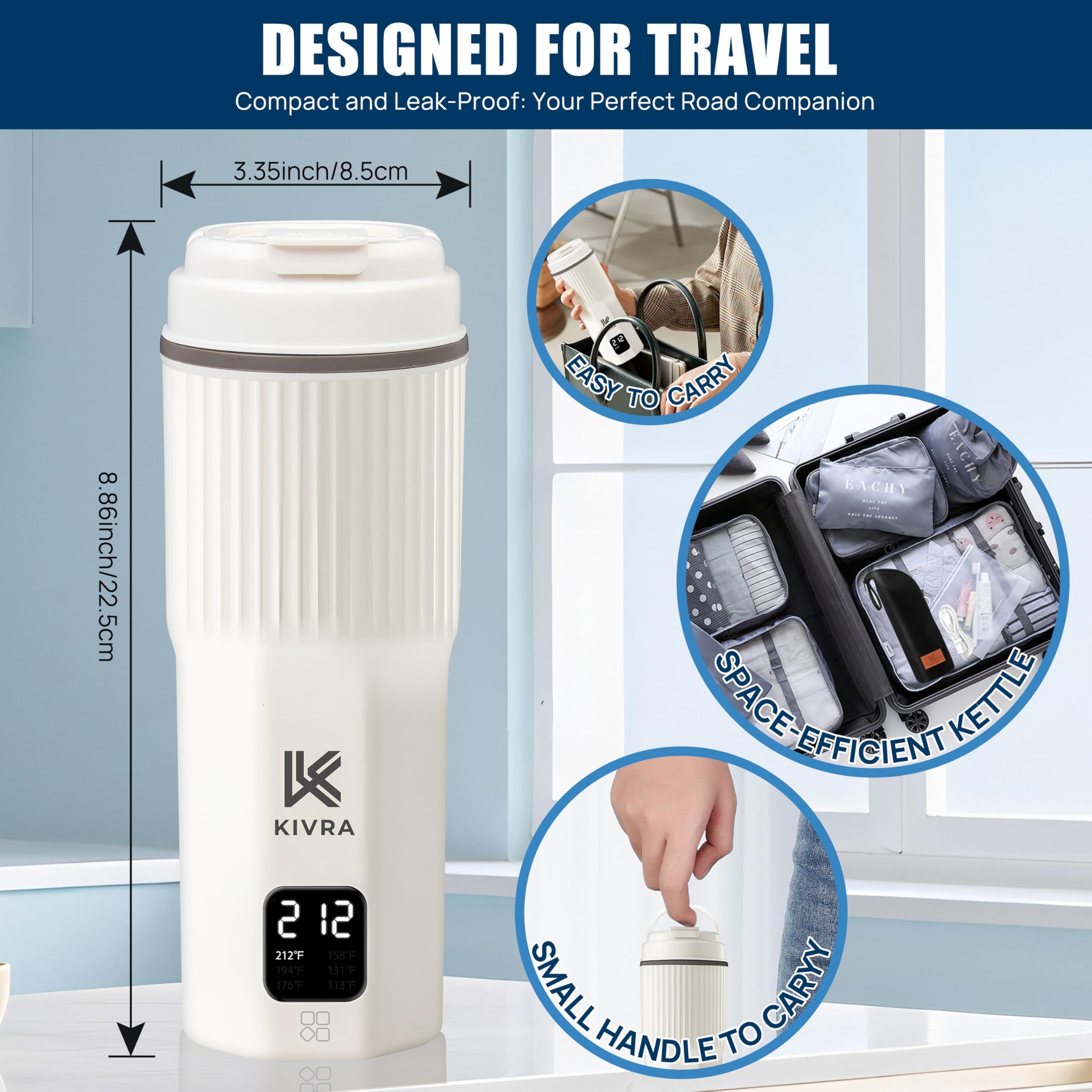Portable kettle with 6 temperature presets on LCD image