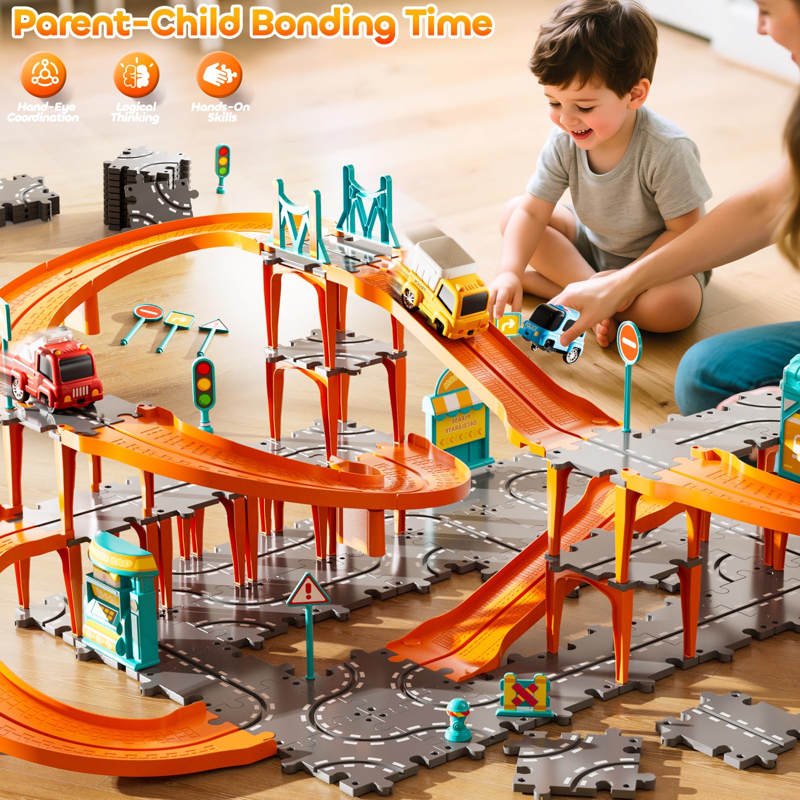 Police car and construction trucks in puzzle racer set