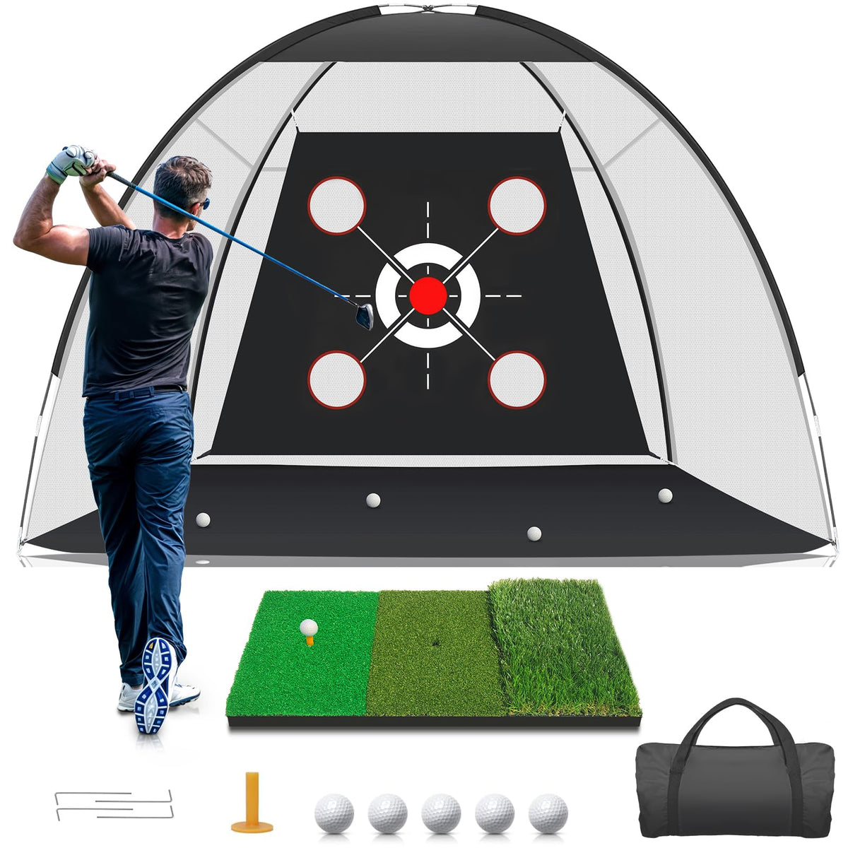 KLAODOT Golf Net 10x7ft with Practice Mat in backyard setting
