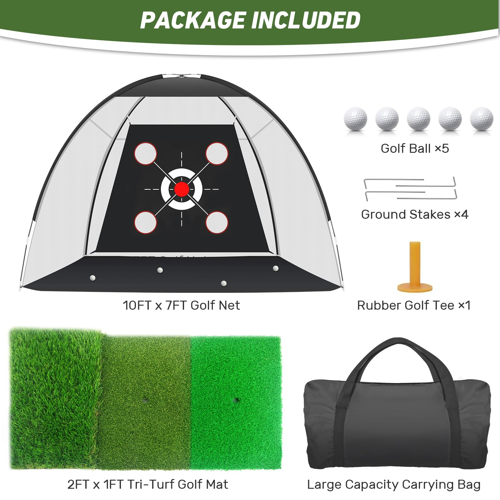 Five golf balls and one rubber tee included with KLAODOT net