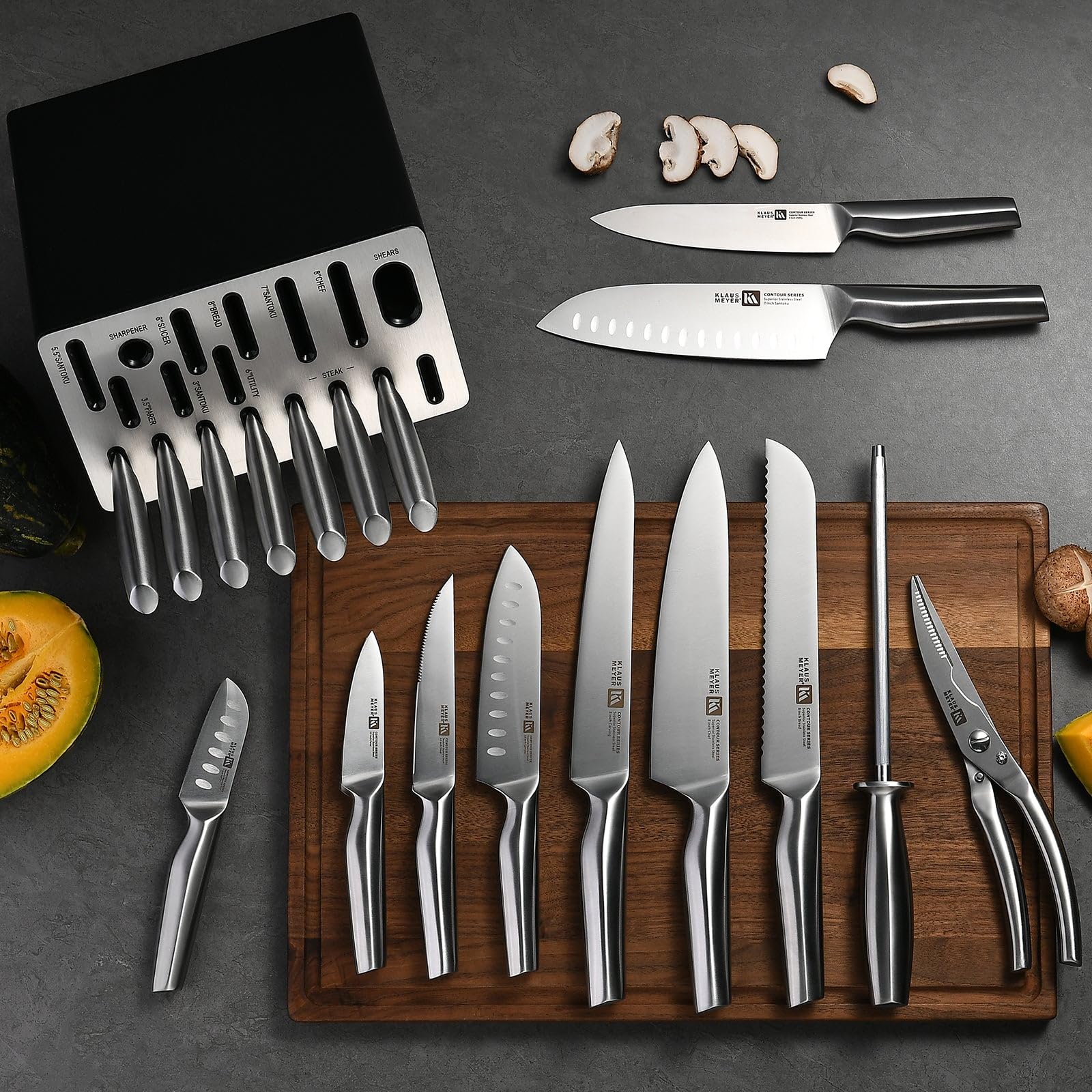 Klaus Meyer contour series knives displayed