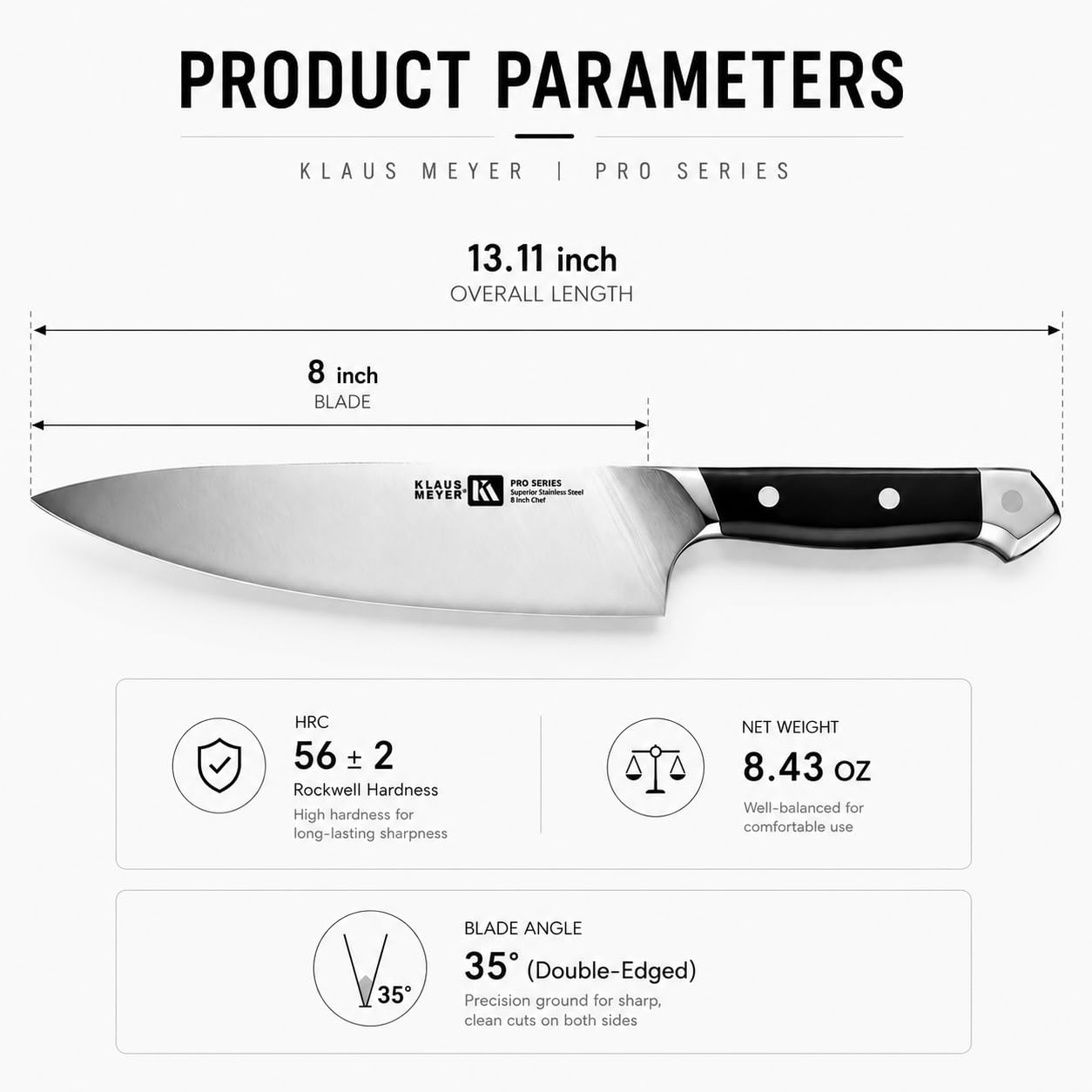Klaus Meyer PRO 8 inch chef knife full tang construction