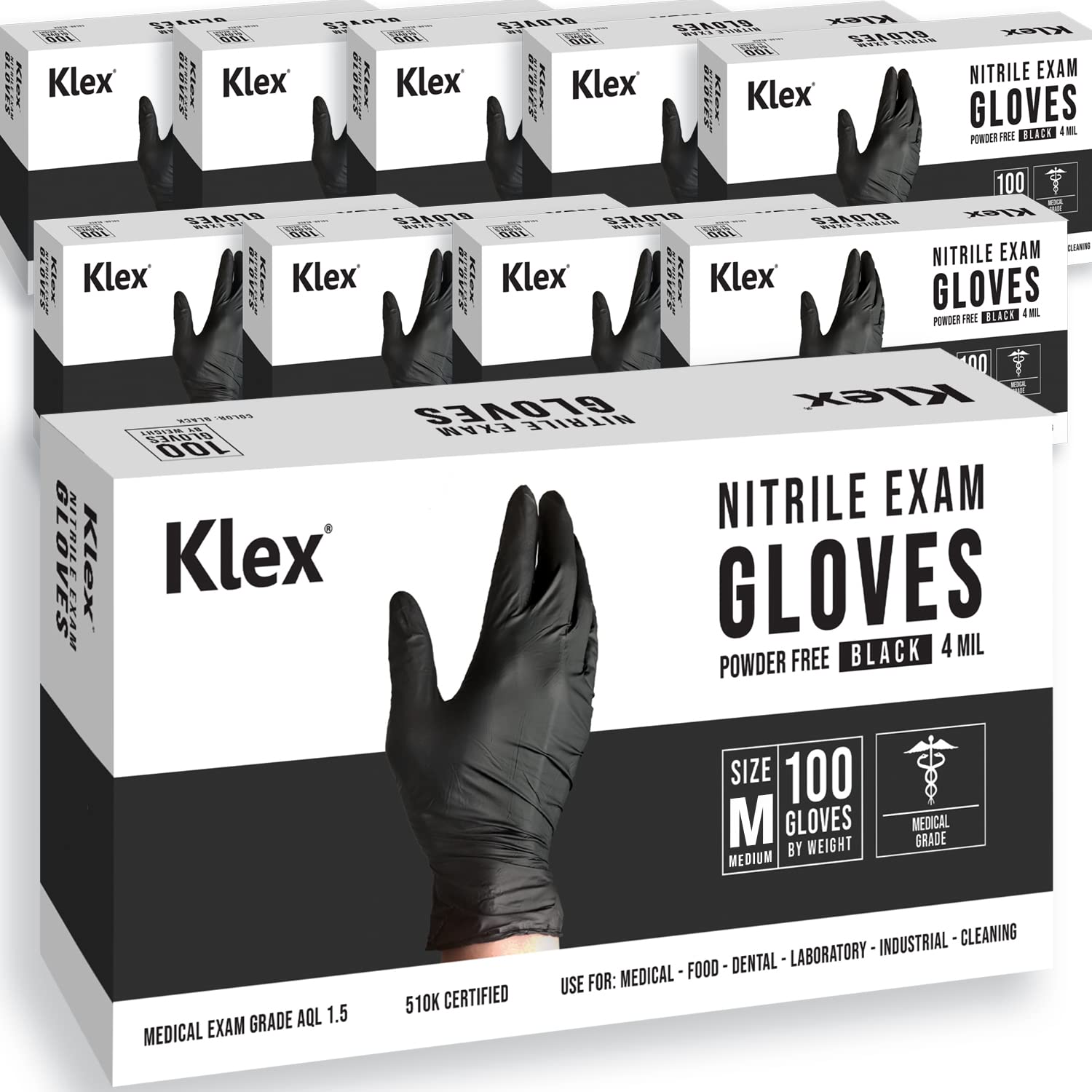 Klex Nitrile Exam Gloves medical grade powder free latex free large black packaging