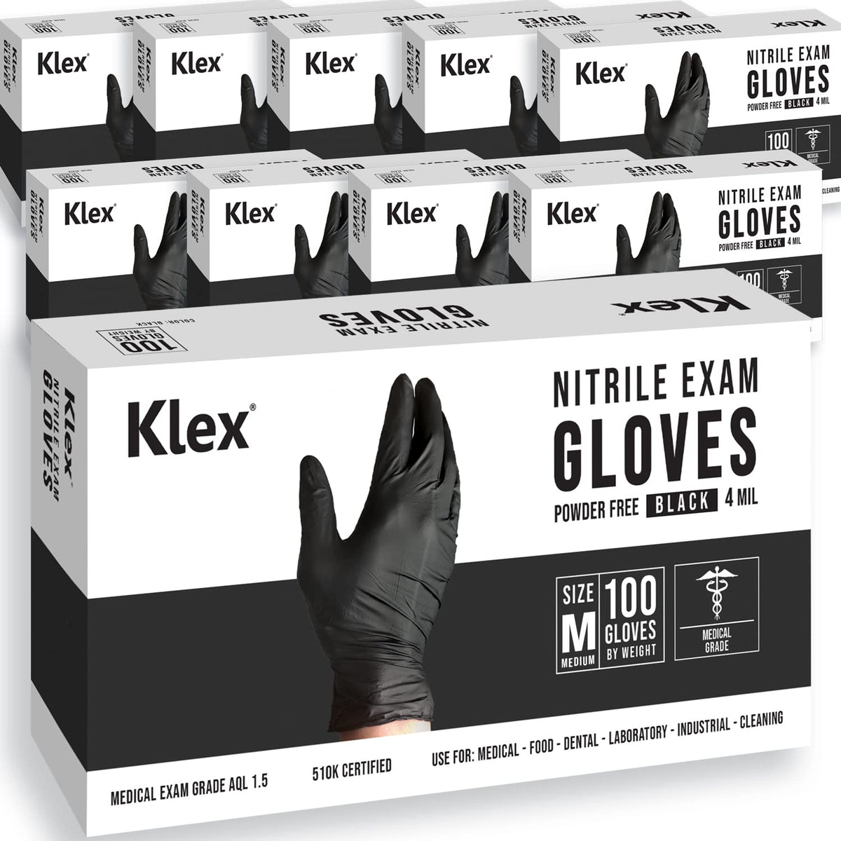 Klex Nitrile Exam Gloves medical grade powder free latex free large black packaging