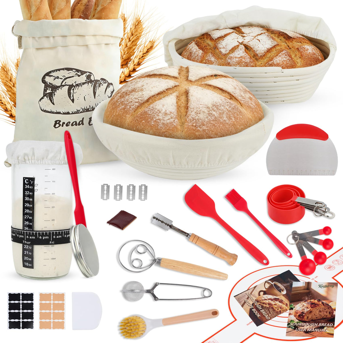 KNEDWRMY complete sourdough starter kit main set with banneton baskets