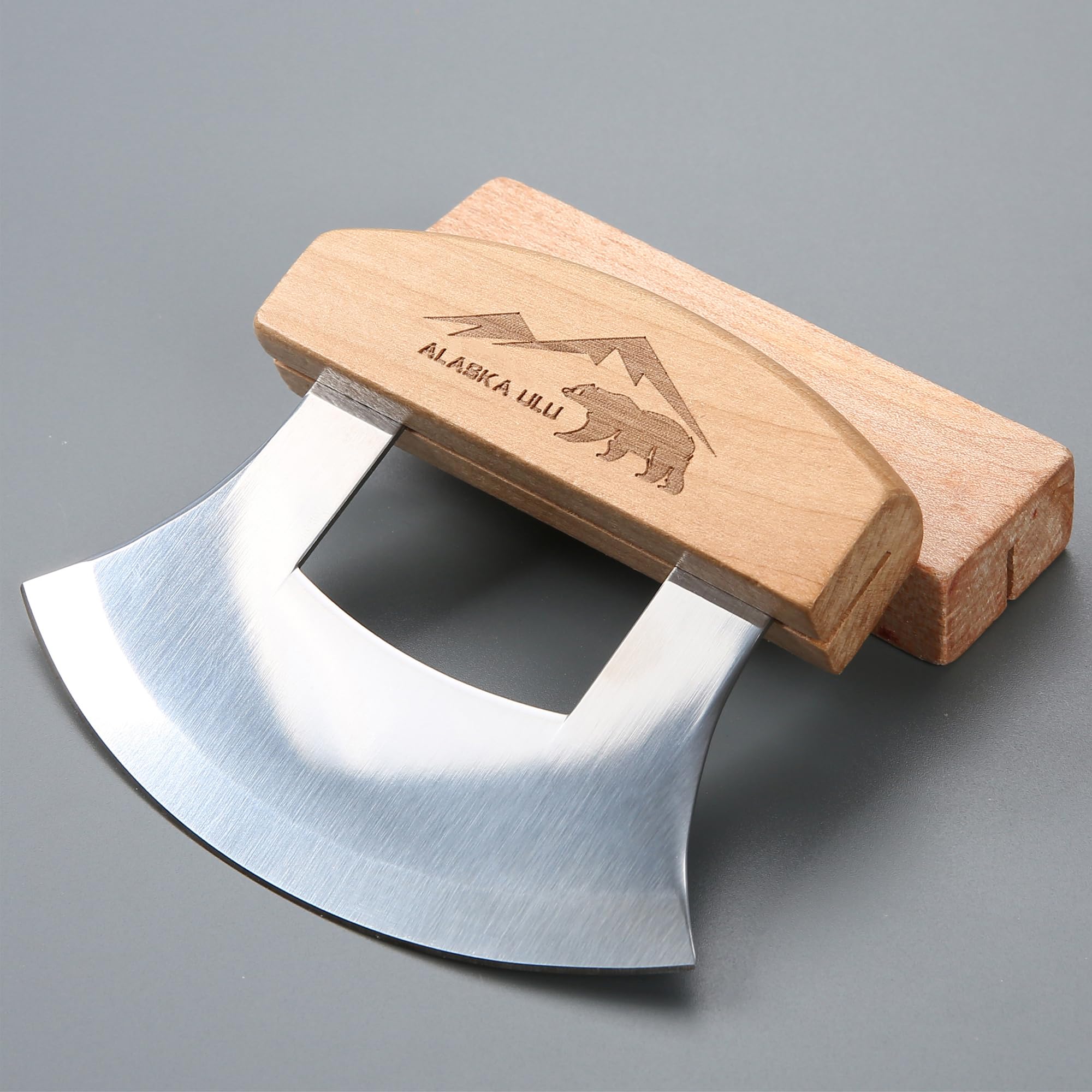 Stainless steel ulu blade and wooden handle with stand