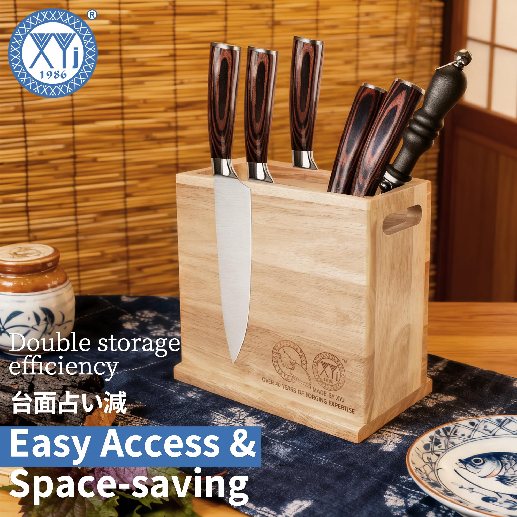 Knife holder organizer rack in natural acacia wood