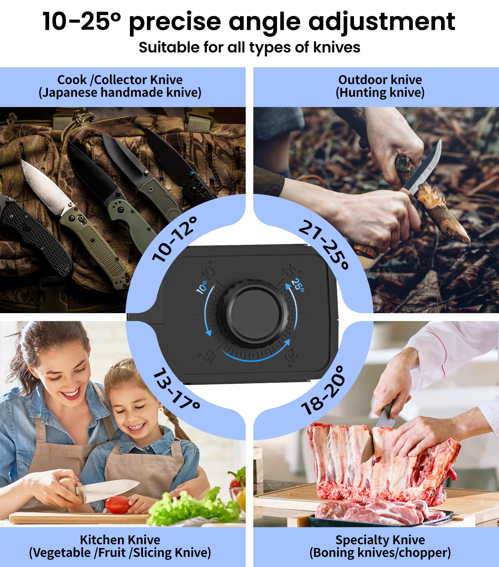 Knife sharpener adjusted to 10-25 degrees with up and down placement